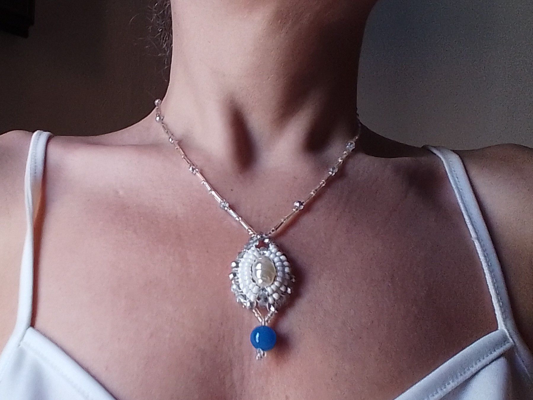 Handmade Charm Necklace Elegant Blue Agate gemstone faux pearl Size ONE SIZE - 9 Thumbnail