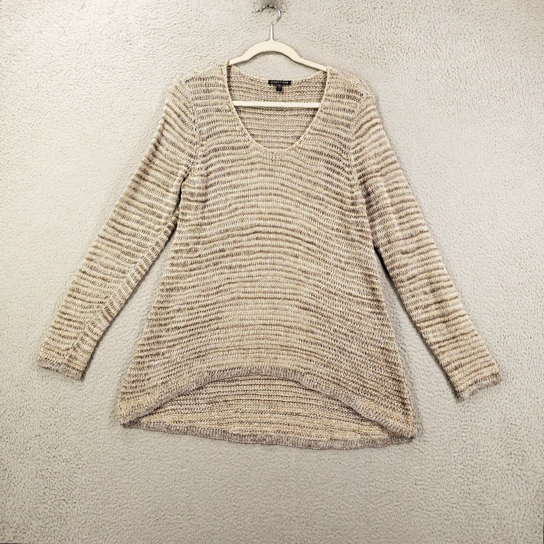 Eileen Fisher EILEEN FISHER Sweater Womens Large Beige Striped Open Knit Pullover V-Neck Lightweight Bohemian Classic Size L / US 10 / IT 46 - 2 Thumbnail