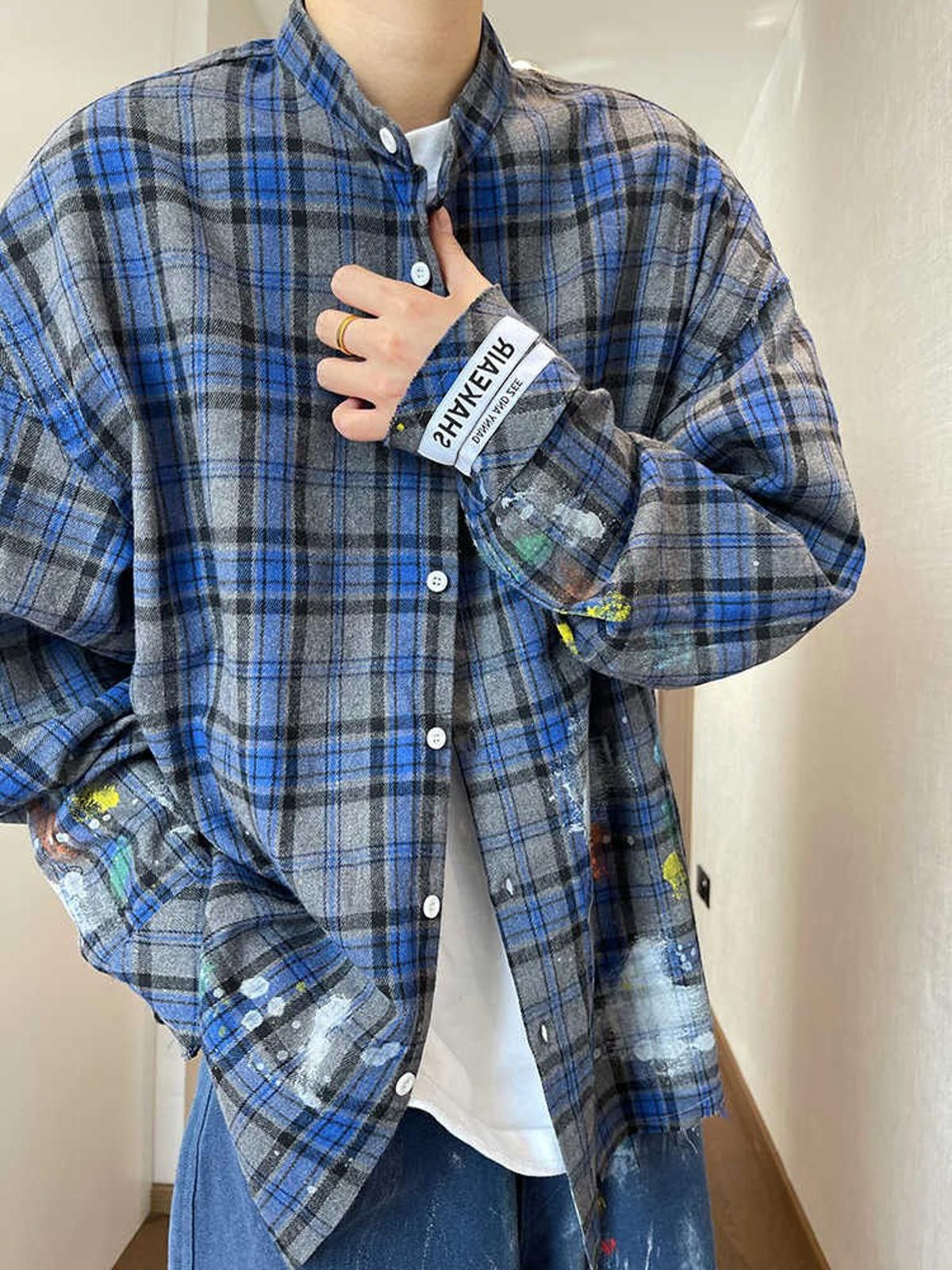 Flannel × Vintage Blue Plaid Oversized Paint Splash Button-Up Shirt Size US M / EU 48-50 / 2 - 4 Thumbnail