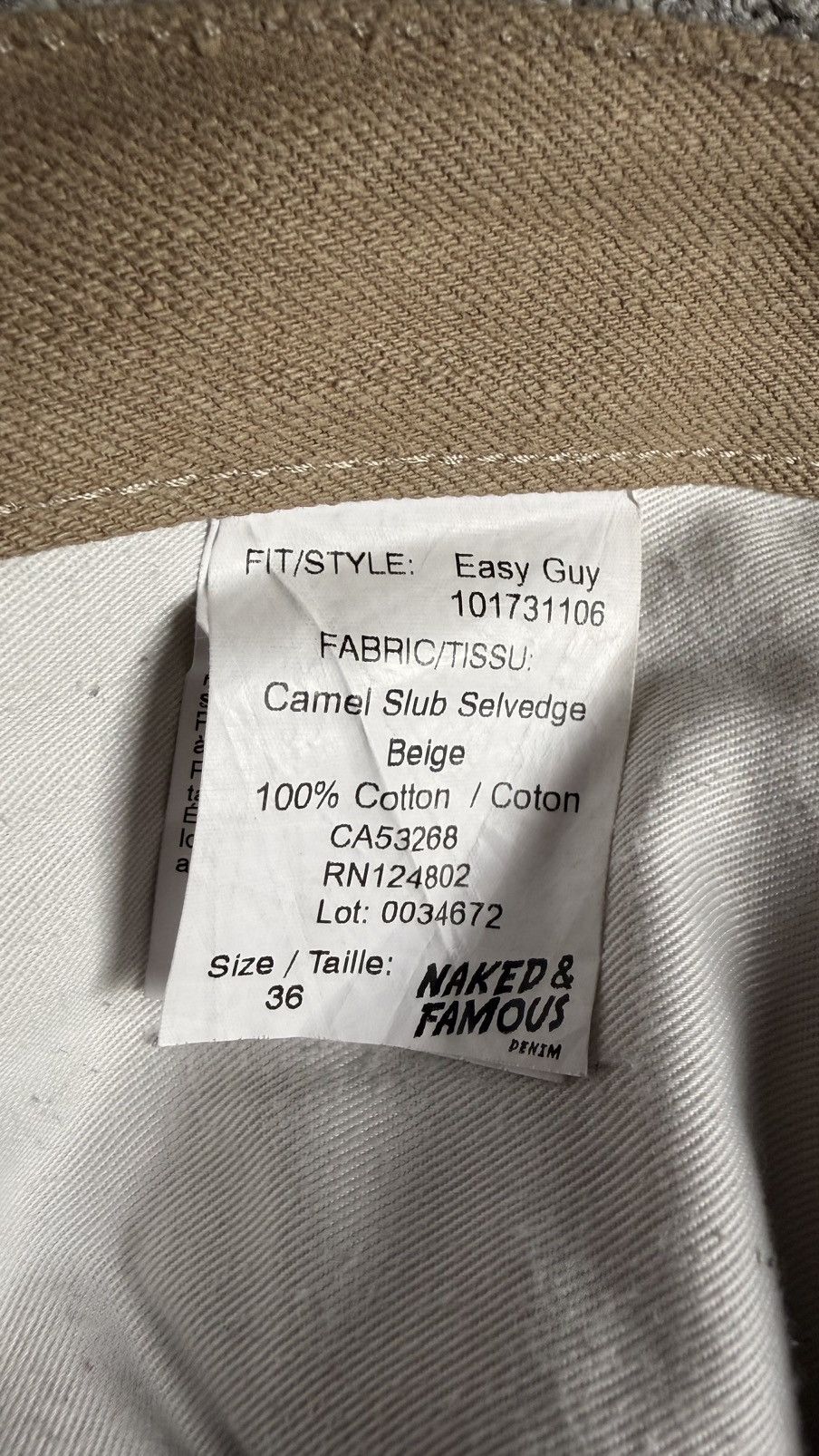 Naked & Famous Camel Slub Selvedge Size US 36 / EU 52 - 5 Thumbnail