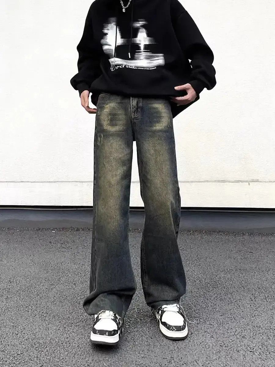 Vintage washed draped hip-hop straight-leg jeans