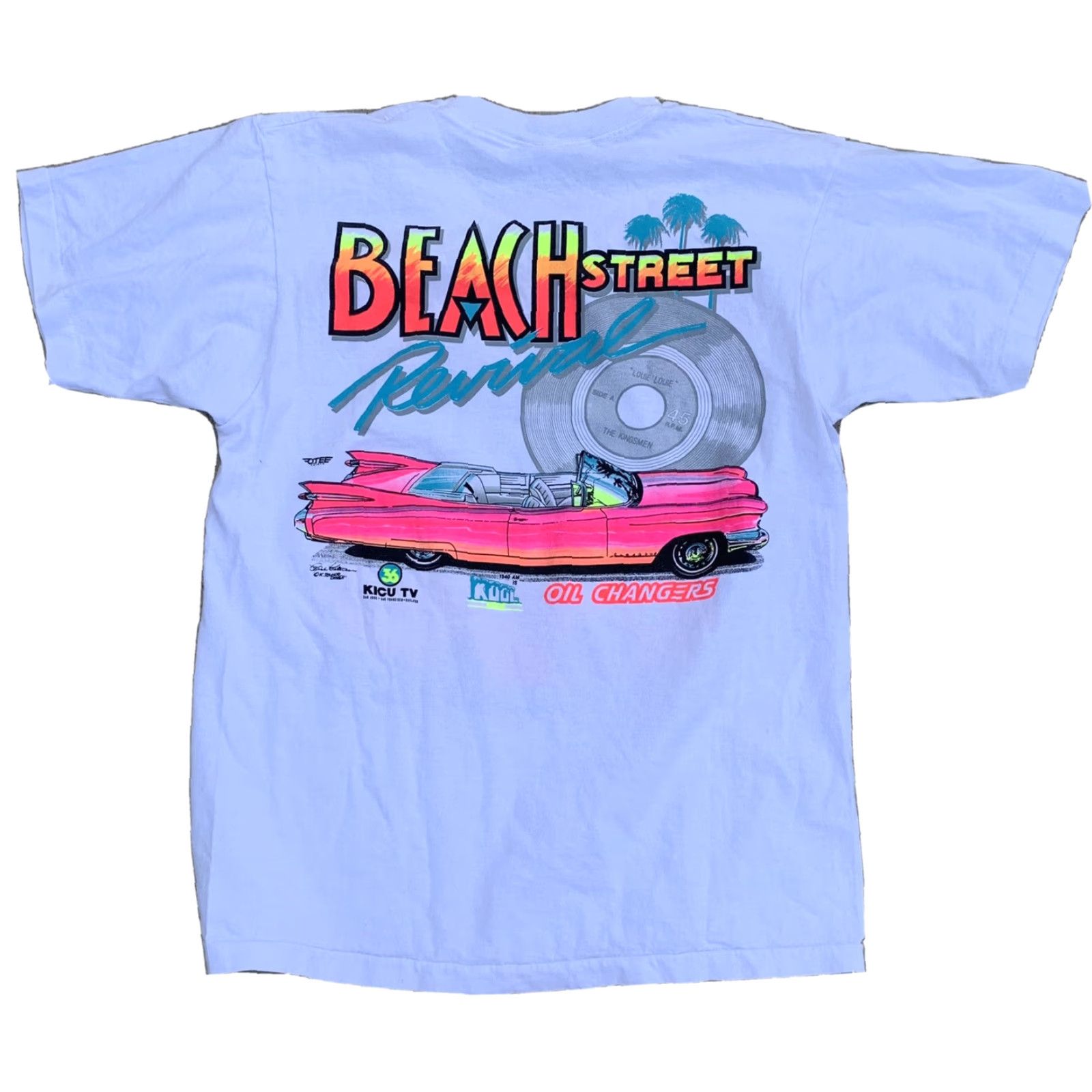 Fruit Of The Loom VINTAGE Beach Street Revival 1990 Santa Cruz T-Shirt neon graphics Classic Cars Shirt Unisex L White 1990s Graphics Tee Girls/Mens? Size US L / EU 52-54 / 3 - 6 Thumbnail