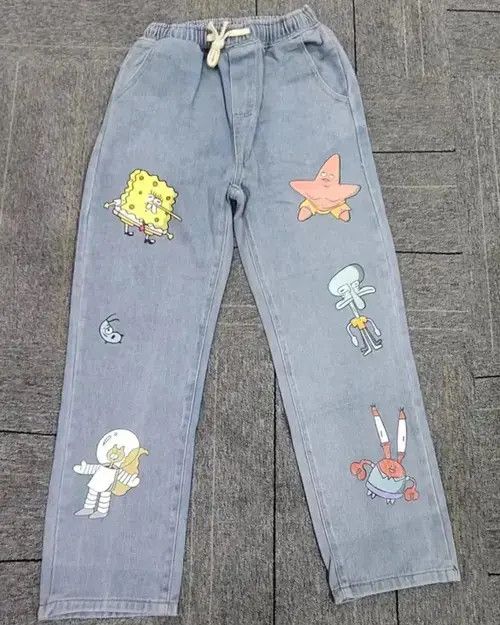 Designer Straight Cartoon Streetwear Jeans Sponge Bob Hip Hop Style Size US 30 / EU 46 - 4 Thumbnail