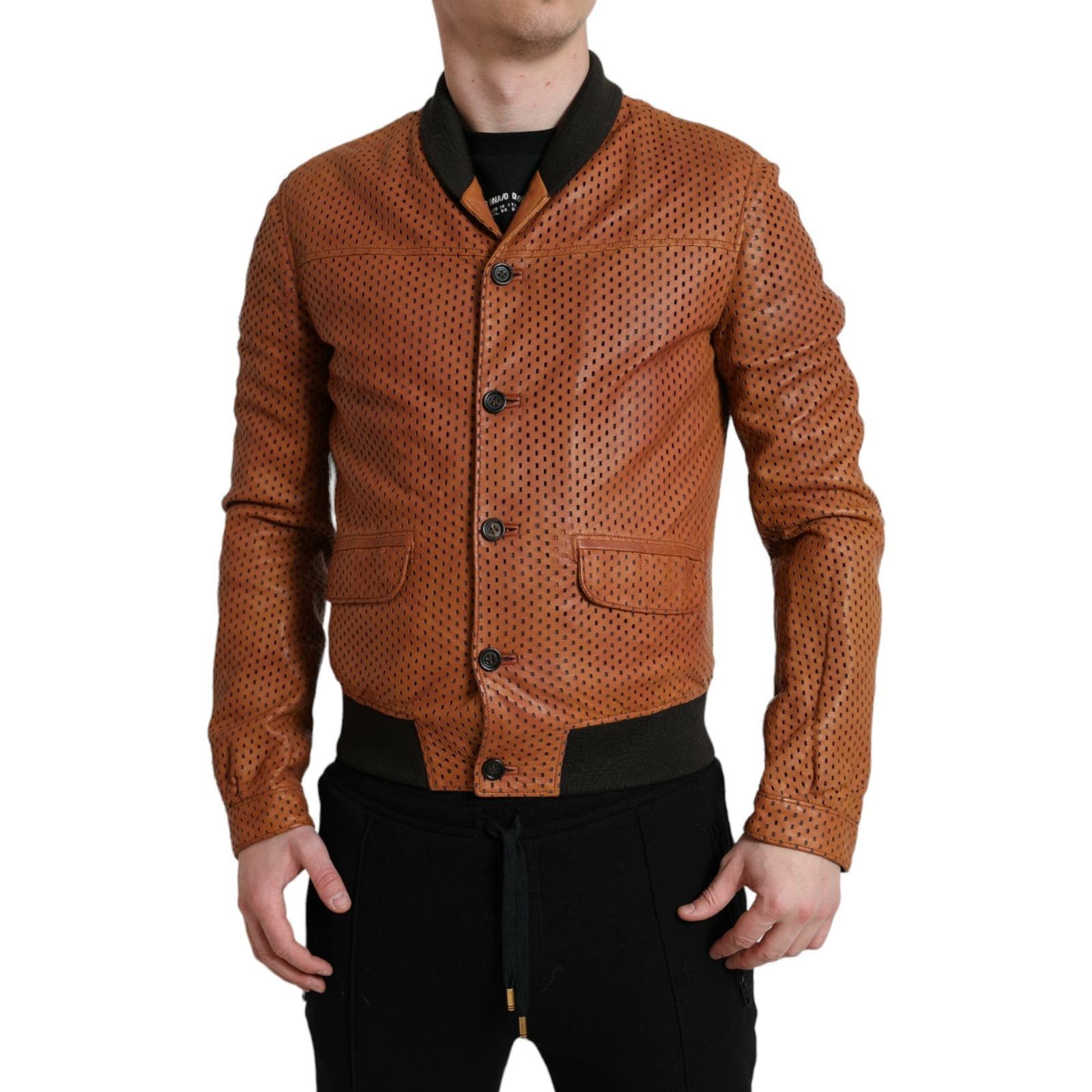 image of Dolce Gabbana Brown Lambskin Leather Perforated Jacketit44, Men's (Size Small)