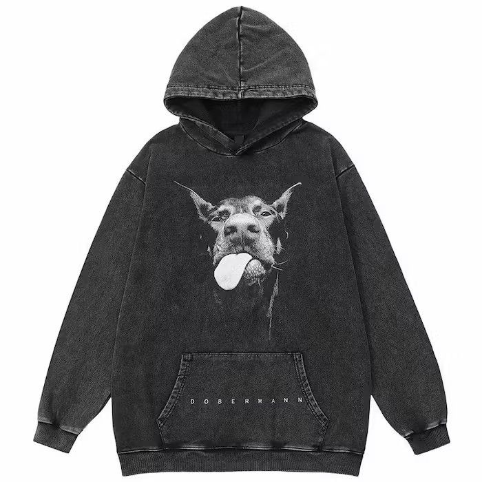 Washed Doberman Graphic Cotton Hoodie