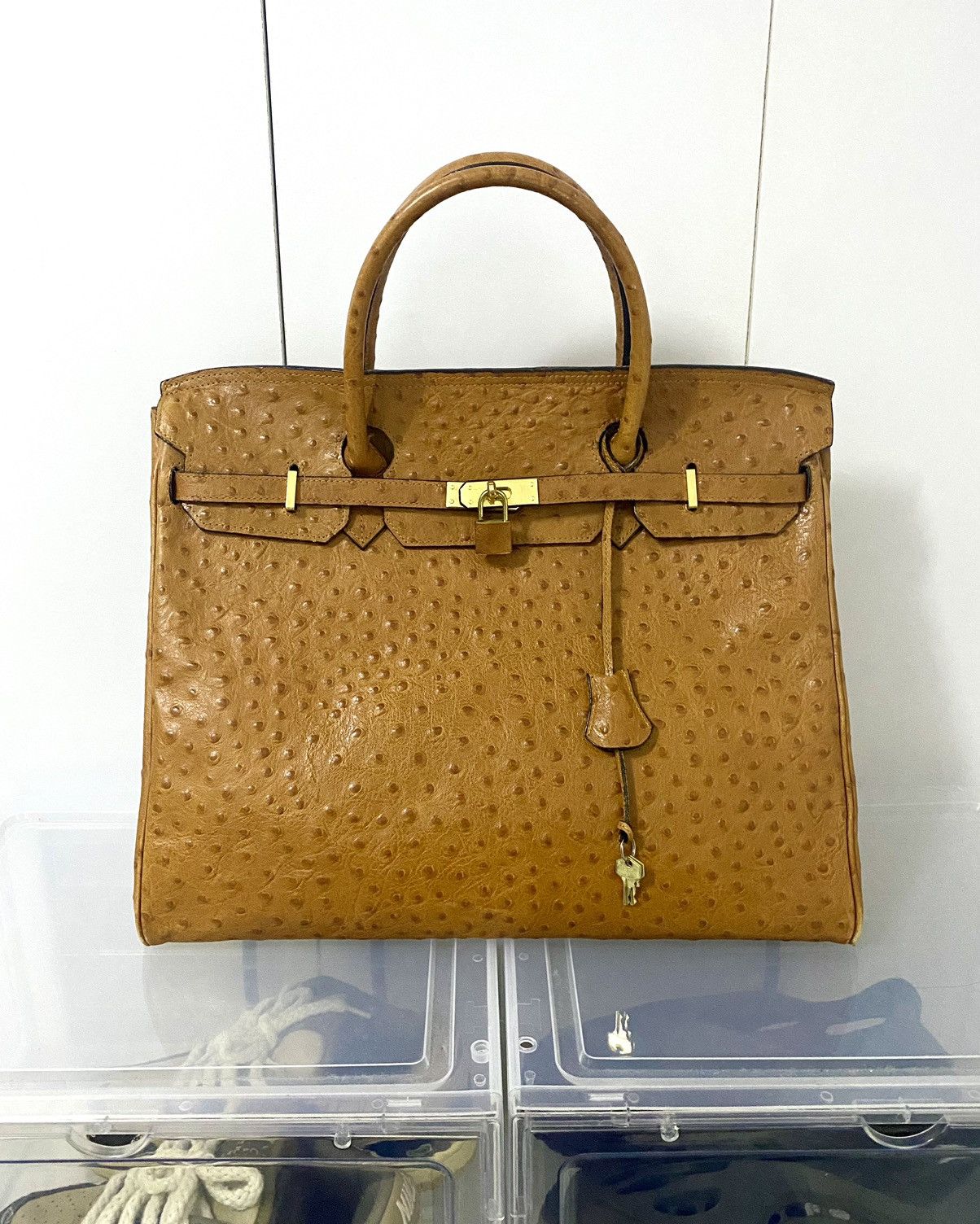 Japanese Brand Rare Ostrich patina Leather Birkin Bag Size ONE SIZE - 1 Thumbnail