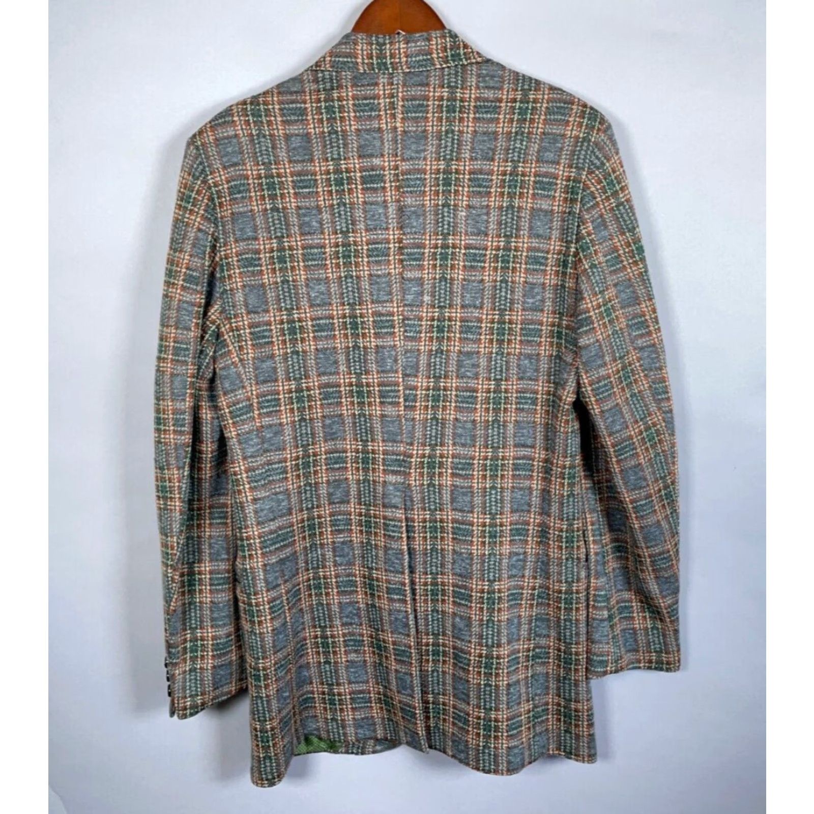 Vintage VTG 70s Plaid Pattern Leisure Suit Jacket Men's 39 Long Gray Wide Lapel USA Made Size 40R - 3 Thumbnail