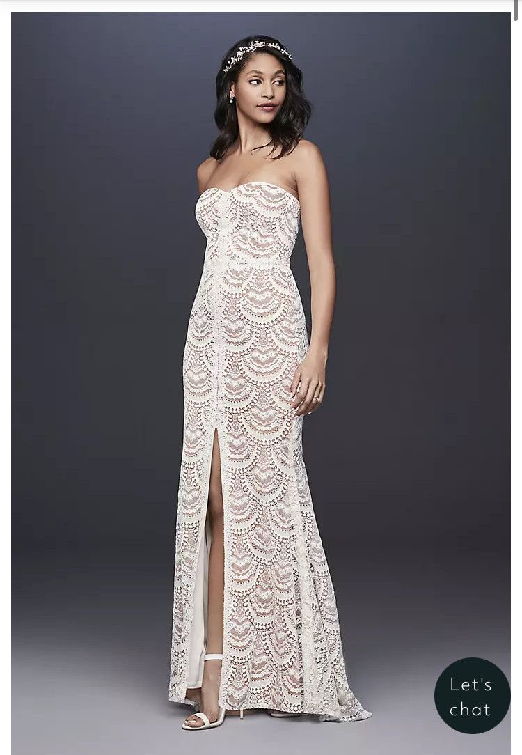 Scalloped lace split-front sheath wedding dress