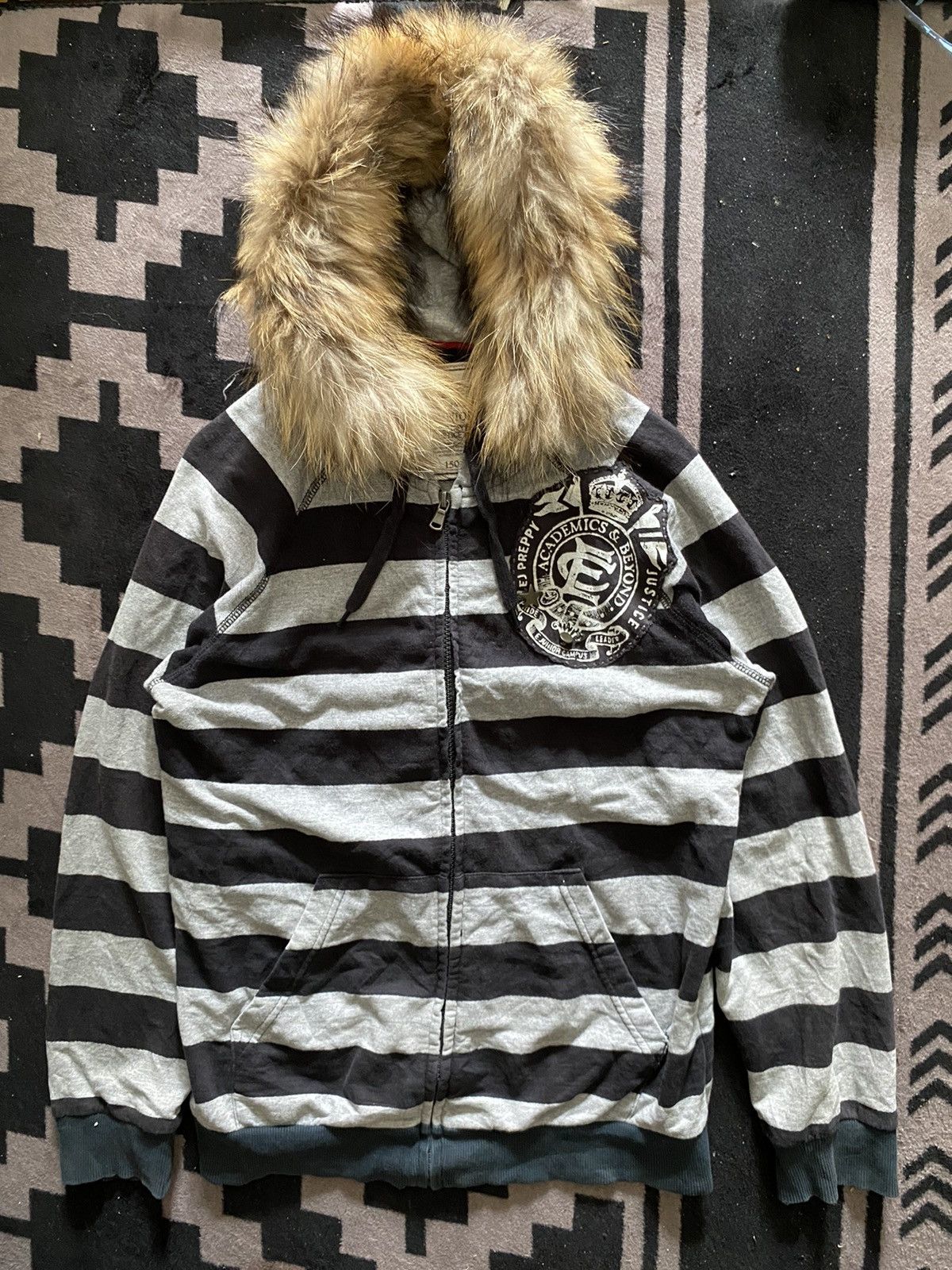 Le Grande Bleu (L.G.B.) E-junior striped faux fur hoodie japanese brand Size US L / EU 52-54 / 3 - 1 Thumbnail