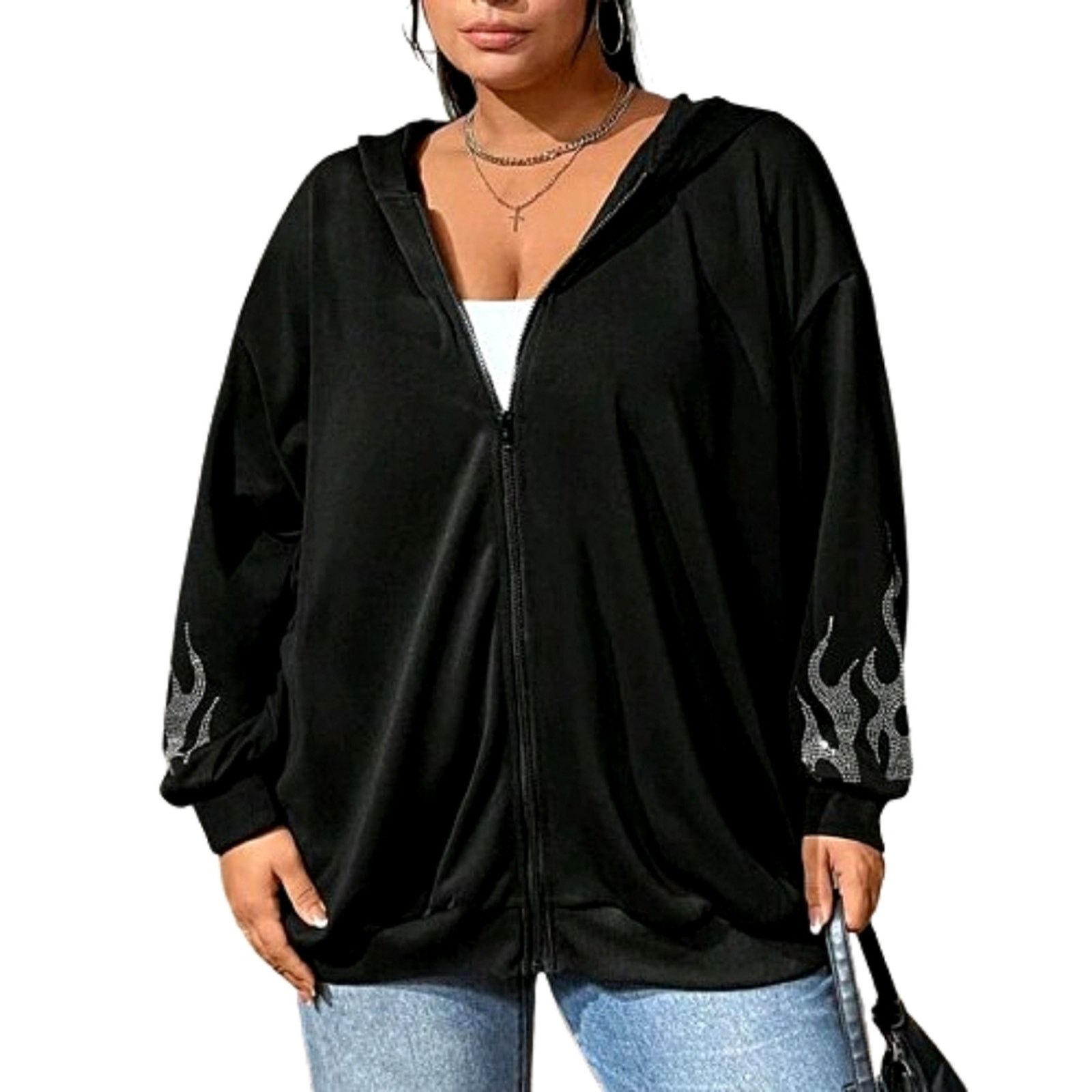 Shein FLAMES ☆ RHINESTONE ACCENT ☆ BLACK OVERSIZED HOODIE 4x ☆ NWT Size 4XL / US 24-26 - 3 Thumbnail