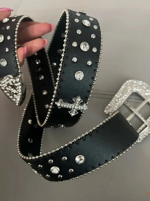 Leather Black Cross Rivet Belt Engraved Buckle Rhinestone PU Belt Size ONE SIZE - 3 Thumbnail