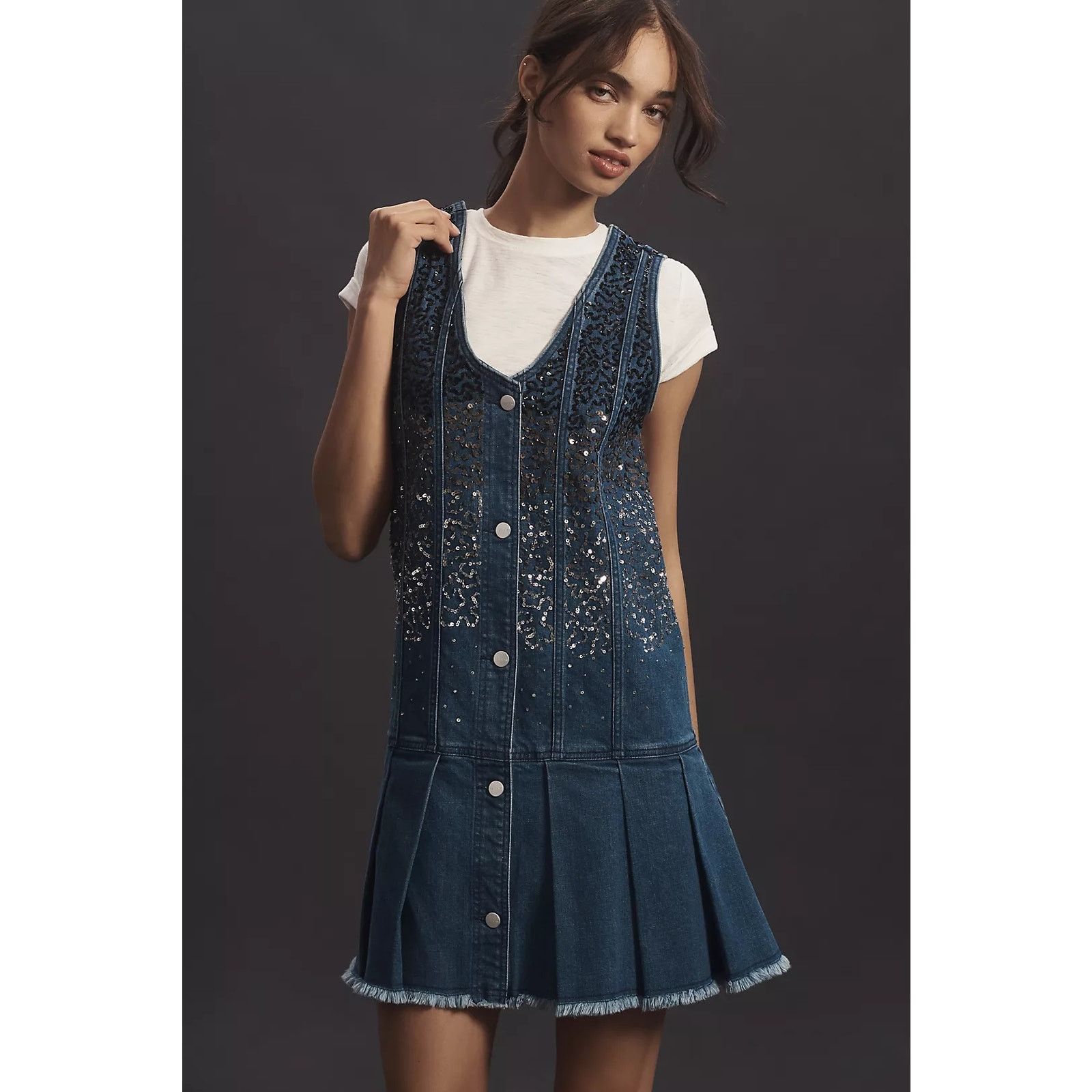 Anthropologie NWT Pilcro Sparkle Denim Button-Front Mini Dress $198 MEDIUM Size M / US 6-8 / IT 42-44 - 4 Thumbnail