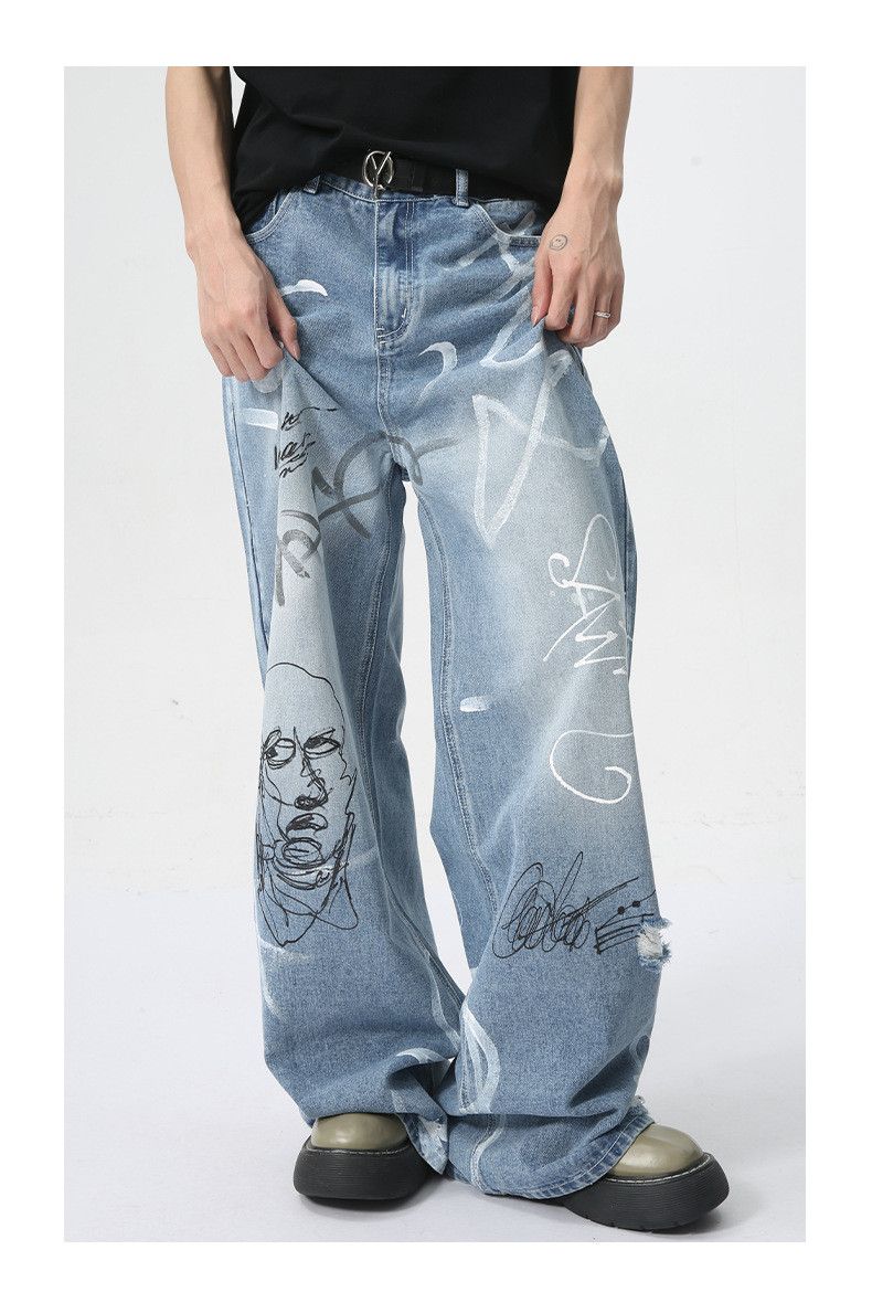 Japanese Brand Trendy street graffiti fun straight jeans y2k Size US 32 / EU 48 - 2 Thumbnail