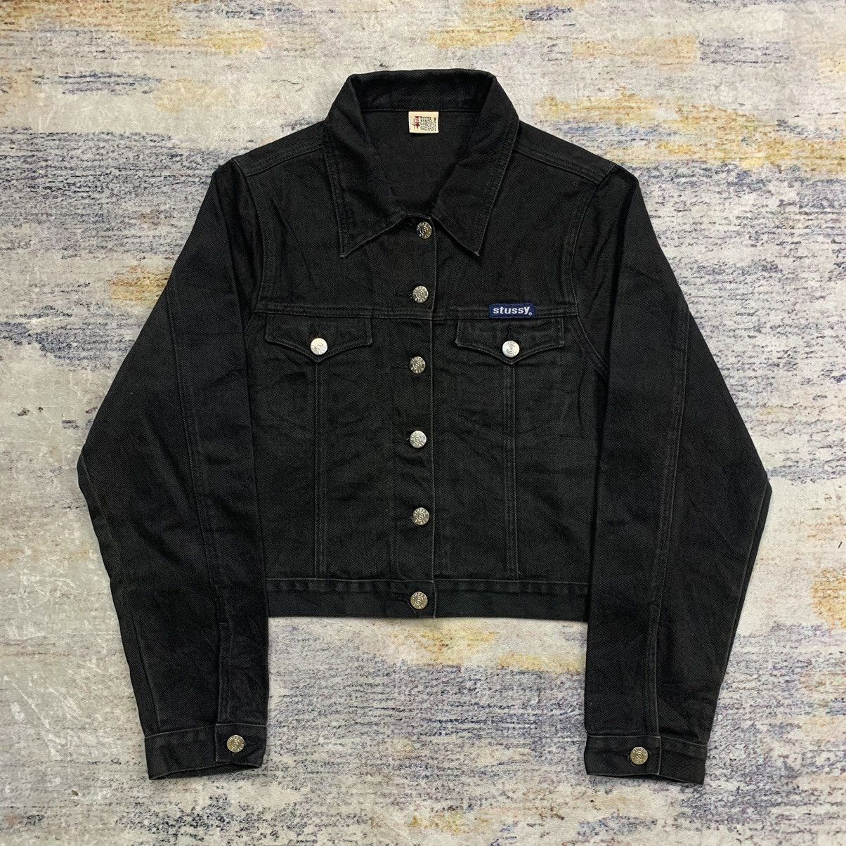 image of Stussy Sista Cropped Denim Jacket in Black, Women's (Size Small)
