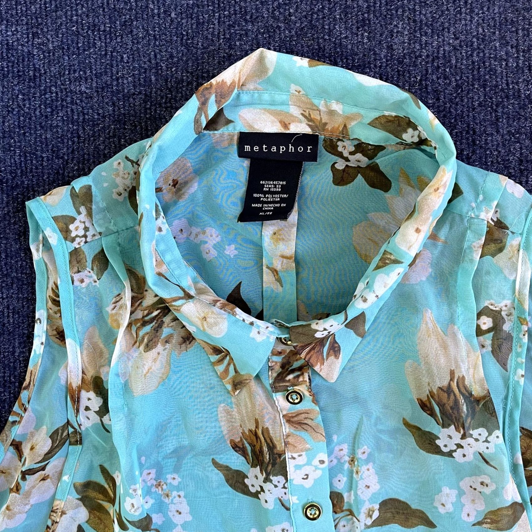 Vintage Metaphor Blouse Womens XL Blue Floral Sheer Chiffon Sleeveless Button Front Top Size XL / US 12-14 / IT 48-50 - 2 Thumbnail
