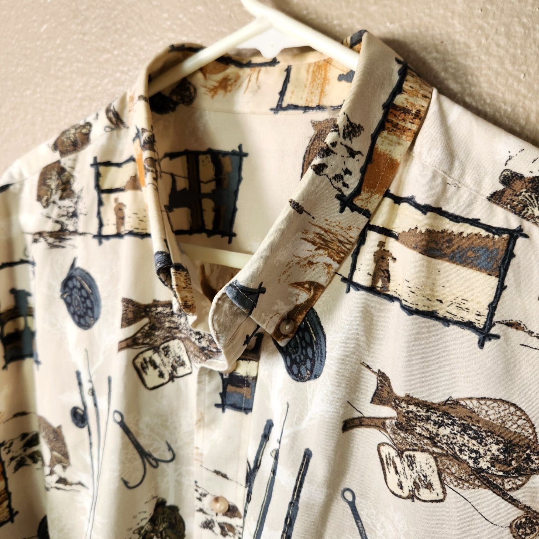 Vintage Natural Issue Fly Fishing Printed Button-Down Long Sleeve Cotton Shirt XL Men Beige Casual Shirts Mens Size US XL / EU 56 / 4 - 4 Thumbnail