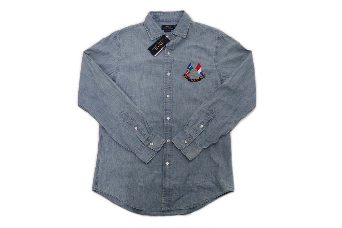 image of Polo Ralph Laurent Cross Flags Denim Button Up (L), Men's (Size Large)