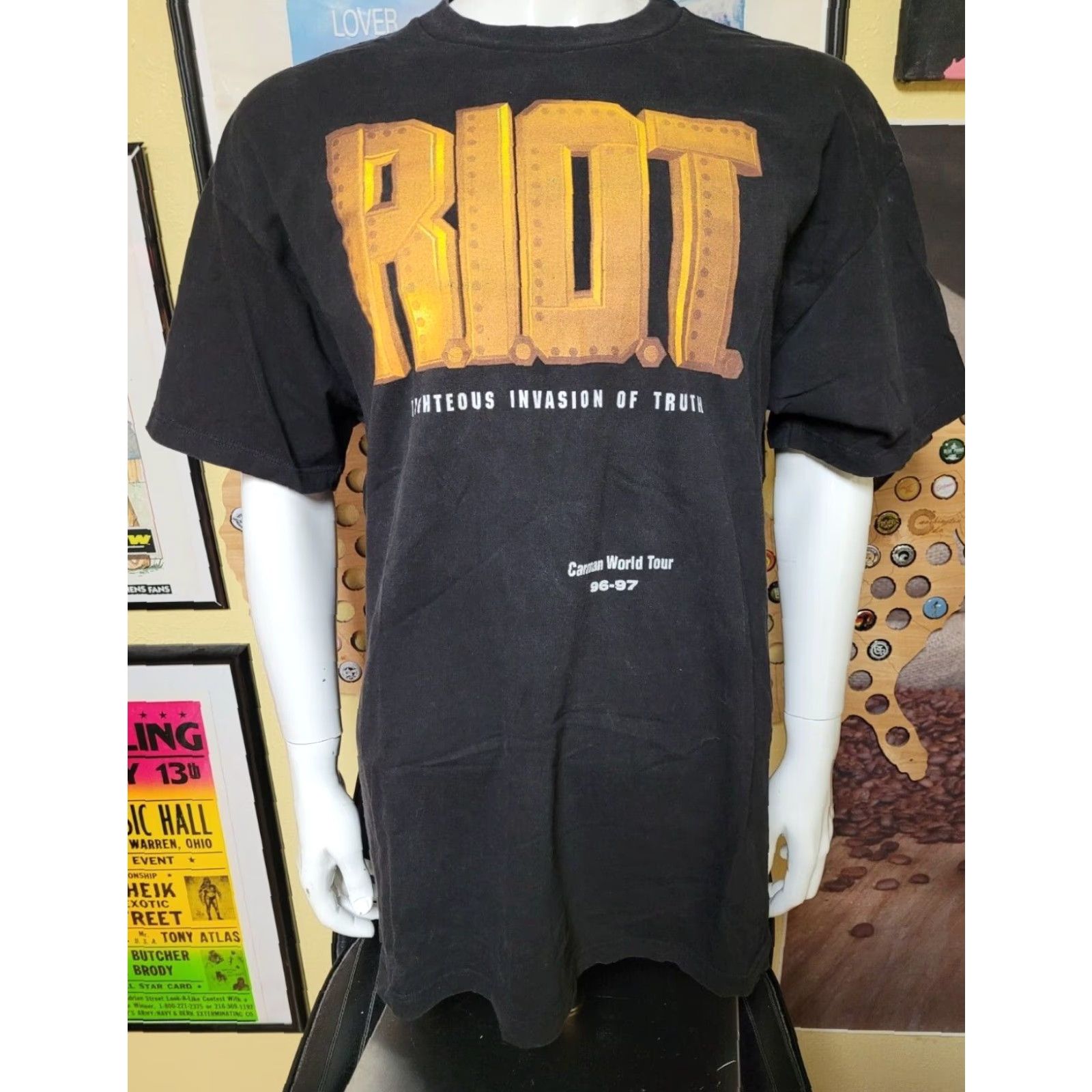 Vintage VTG 1996 Carman RIOT R.I.O.T. Tour T Shirt XL Black 90s Music Men Crew Neck Short Sleeve Size US XL / EU 56 / 4 - 2 Thumbnail