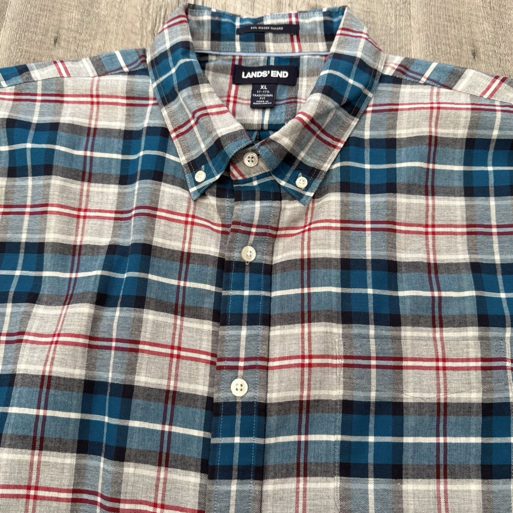 Lands' End Lands' End Sail Rigger Oxford Shirt Mens XL Teal Gray Check Traditional Fit Size US XL / EU 56 / 4 - 6 Thumbnail