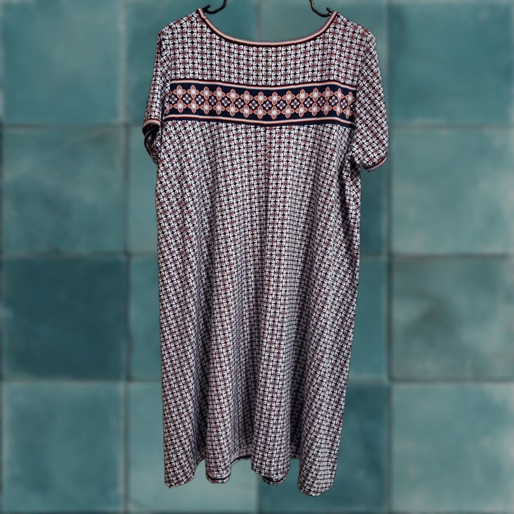 Vintage VINTAGE? No. Max Edition Shift Dress Women 2X Blue Geometric Print Short Sleeve Boho NWT Size 40" / US 18 - 1 Thumbnail