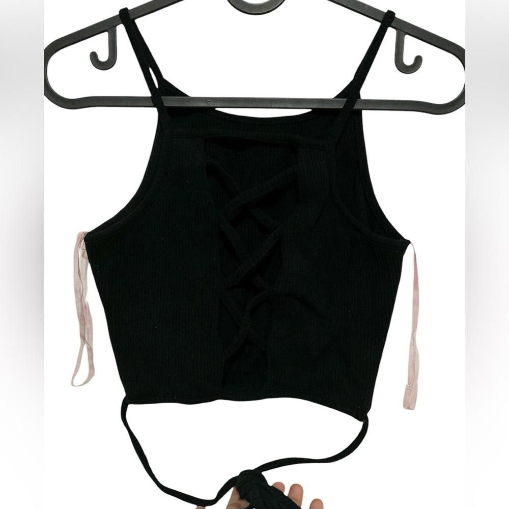 Designer Black sexy Ribbed Lace-Up Crop Top Size S / US 4 / IT 40 - 3 Thumbnail