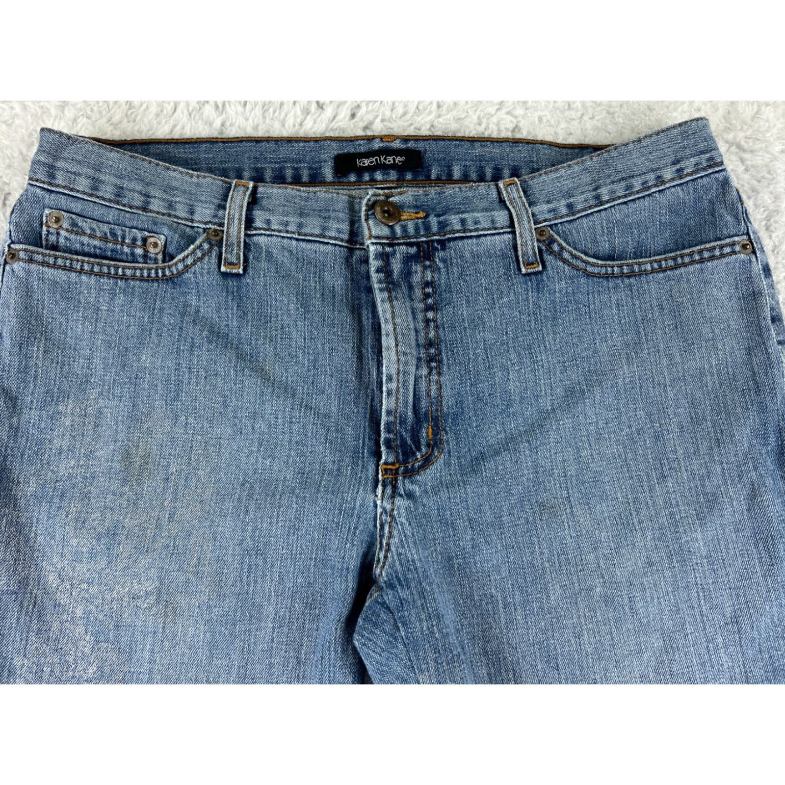 Vintage Karen Kane Jeans Womens 12 Blue Floral Denim Flared Mid Rise 30x31 Distressed Regular Fit Size 34" / US 12 / IT 48 - 4 Thumbnail