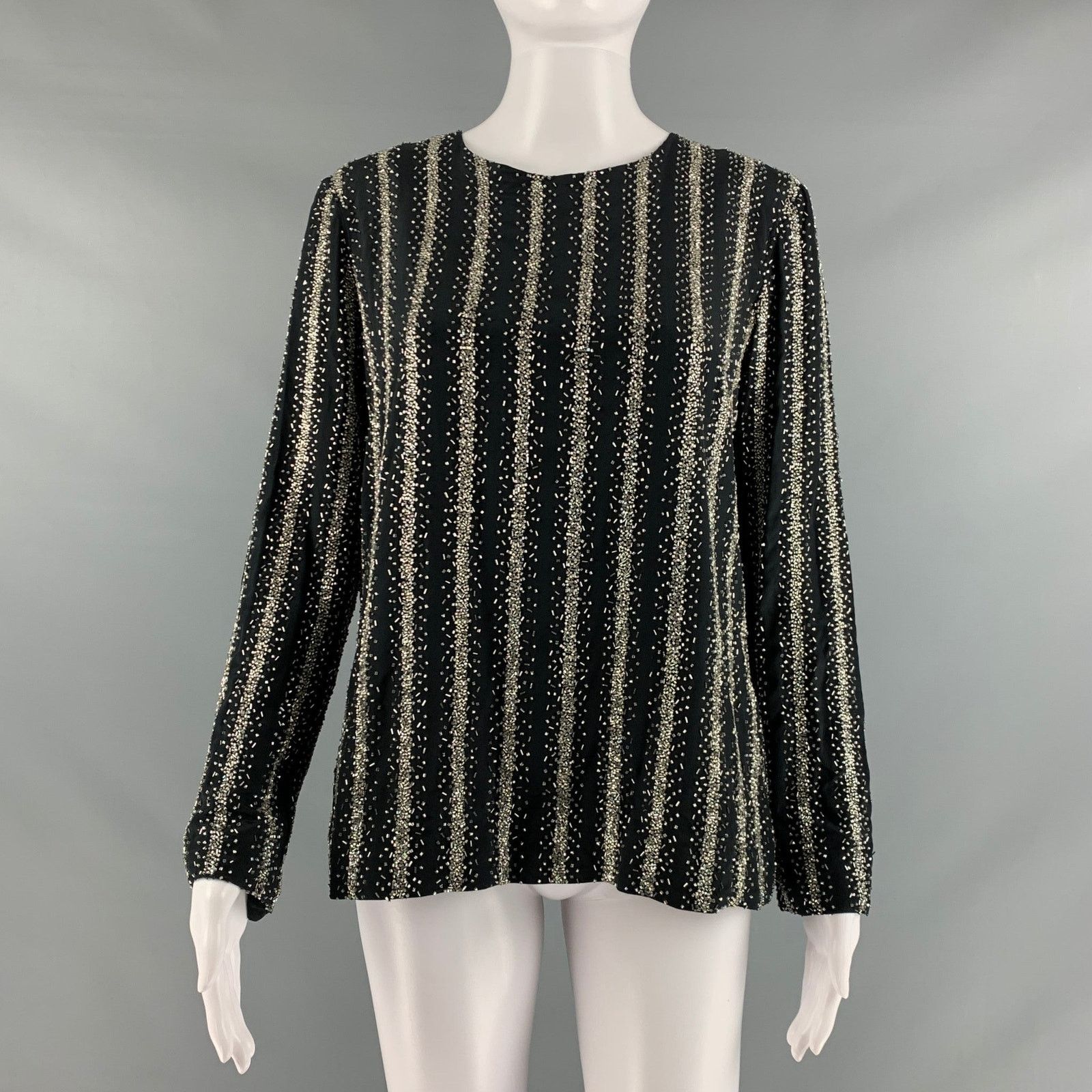 10 Black Silver Silk Sequined Crew-Neck Dress Top