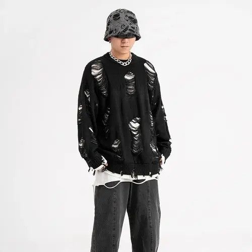 image of Vintage High Street Black White Two Sided Neck Knit Sweater Men's (Size Medium)