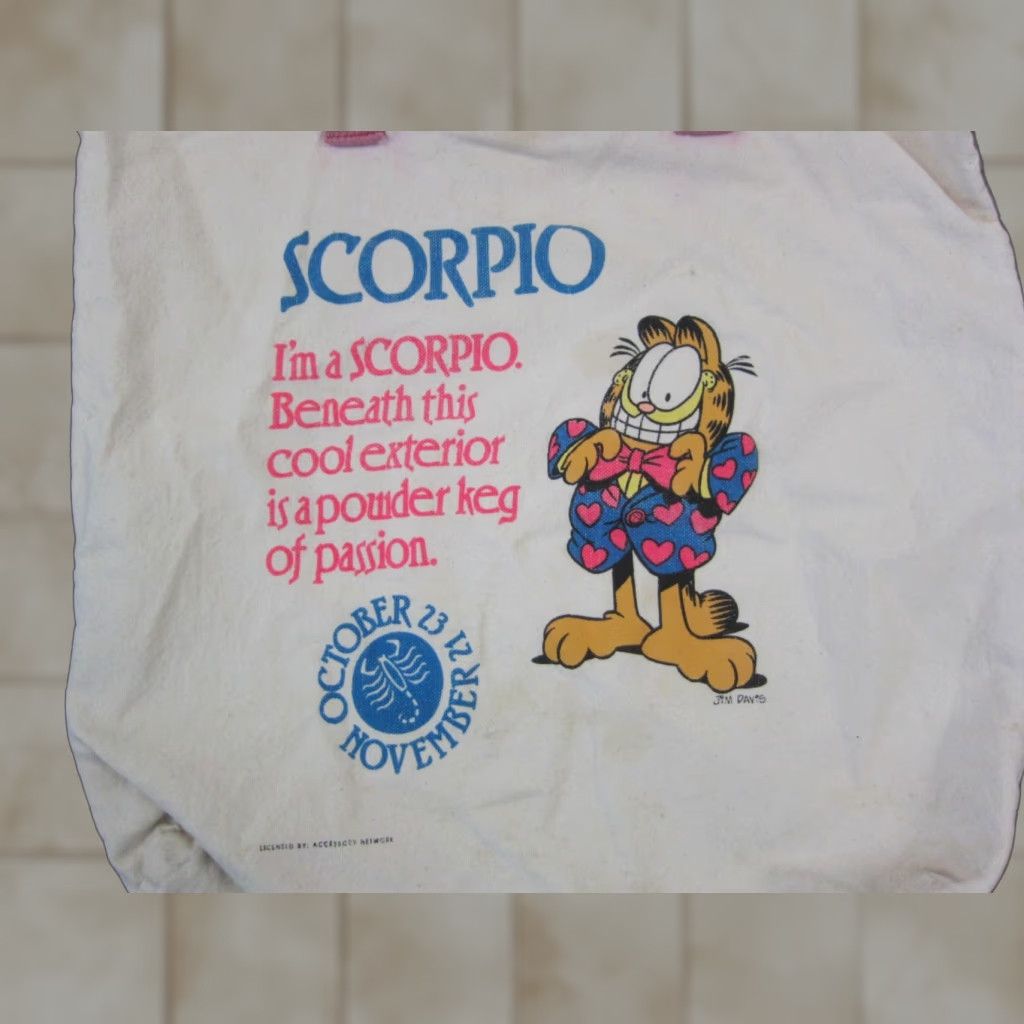 Vintage VINTAGE Garfield Tote Bag Creme White Scorpio Zodiac Cartoon Jim Davis Canvas Tote Unisex Adults Medium Pink Handle/Strap Size ONE SIZE - 1 Thumbnail
