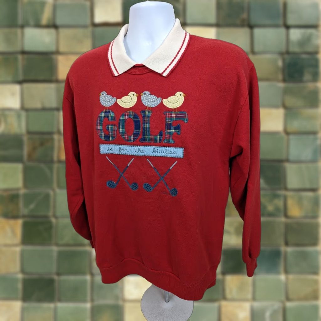 Hanes VINTAGE Hanes Sweatshirt Collared Golf Is For The Birdies Appliqué Red USA Adult Large Mens Size L / US 10 / IT 46 - 1 Thumbnail