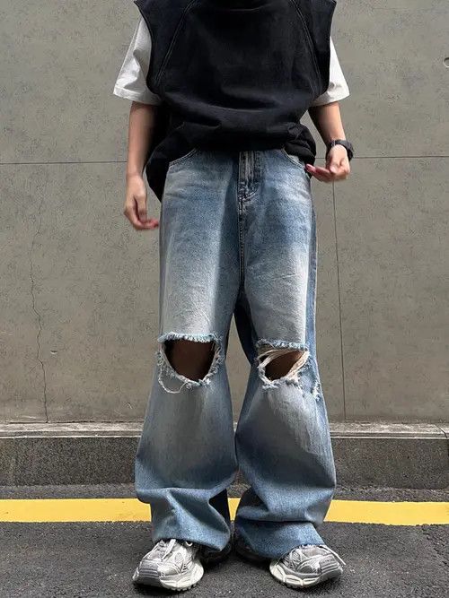 VIBE Trendy Ripped Distressed Baggy Jeans Size US 34 / EU 50 - 3 Thumbnail