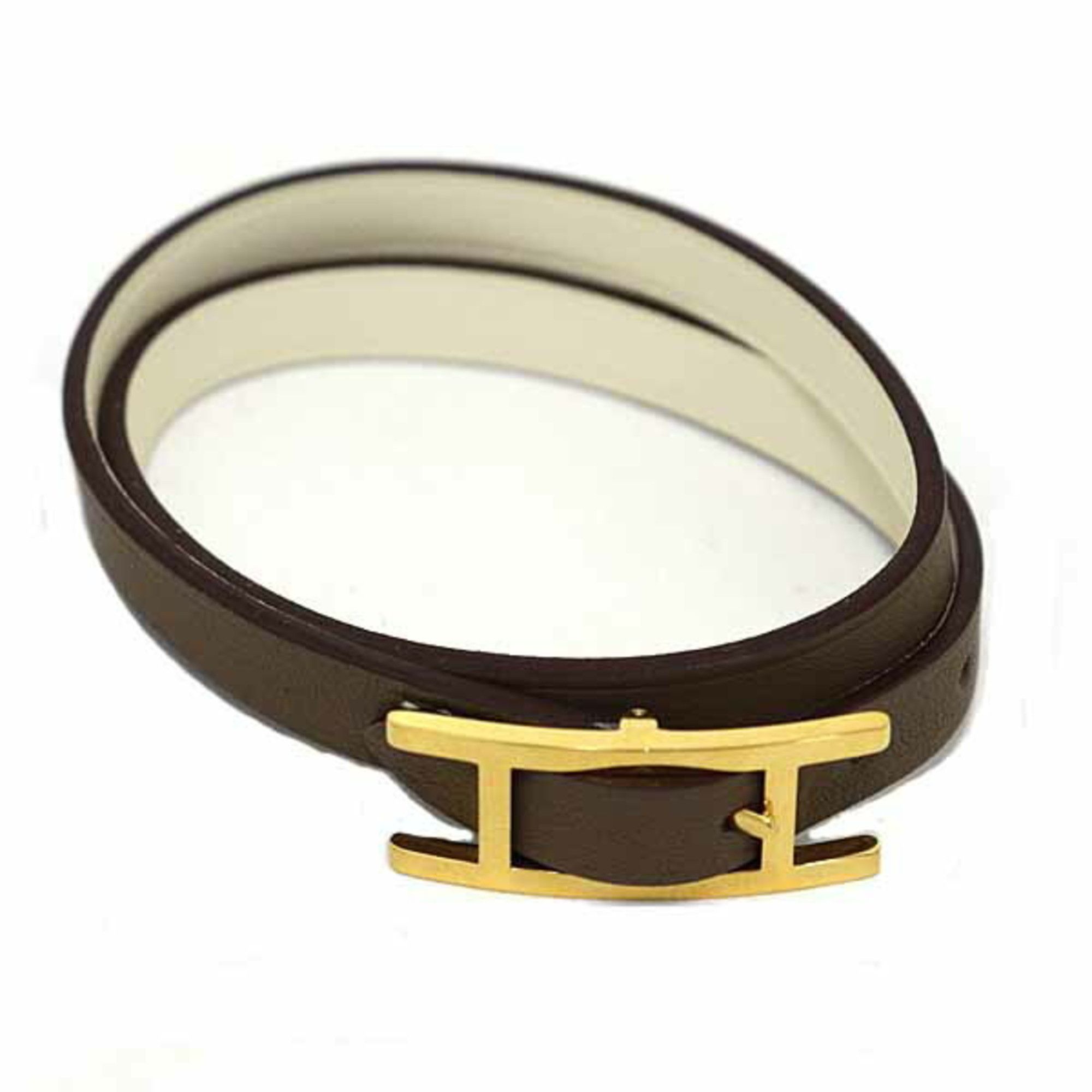 Hermes Hermes Hermès B-Api Double Tour Reversible Leather Bracelet with Api Buckle and Swift Etoupe Size ONE SIZE - 1 Thumbnail