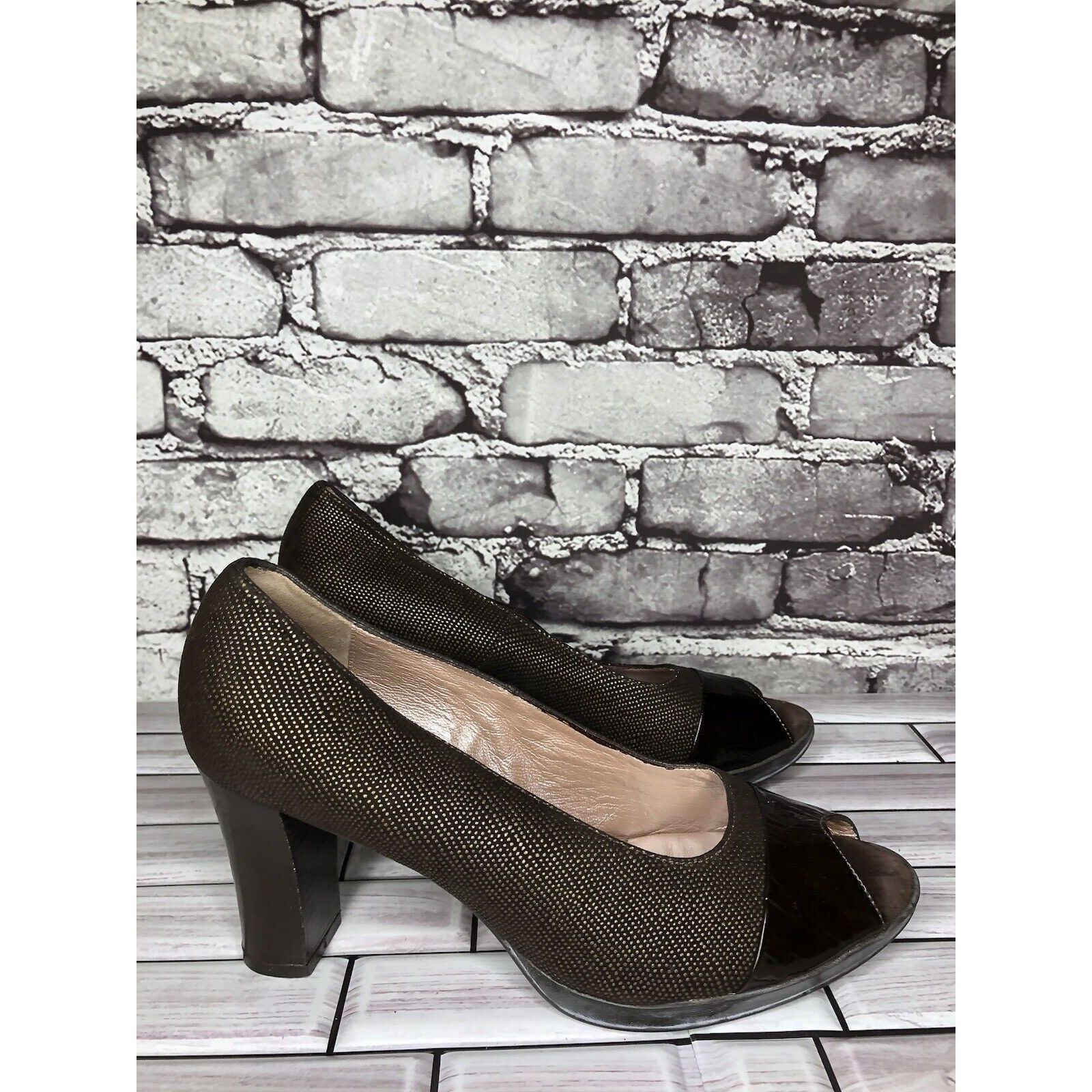Beautiful Ful Beautifeel Brown Synthetic Leather Peep Toe Dress Heels Wome Size US 7.5 / IT 37.5 - 16 Thumbnail