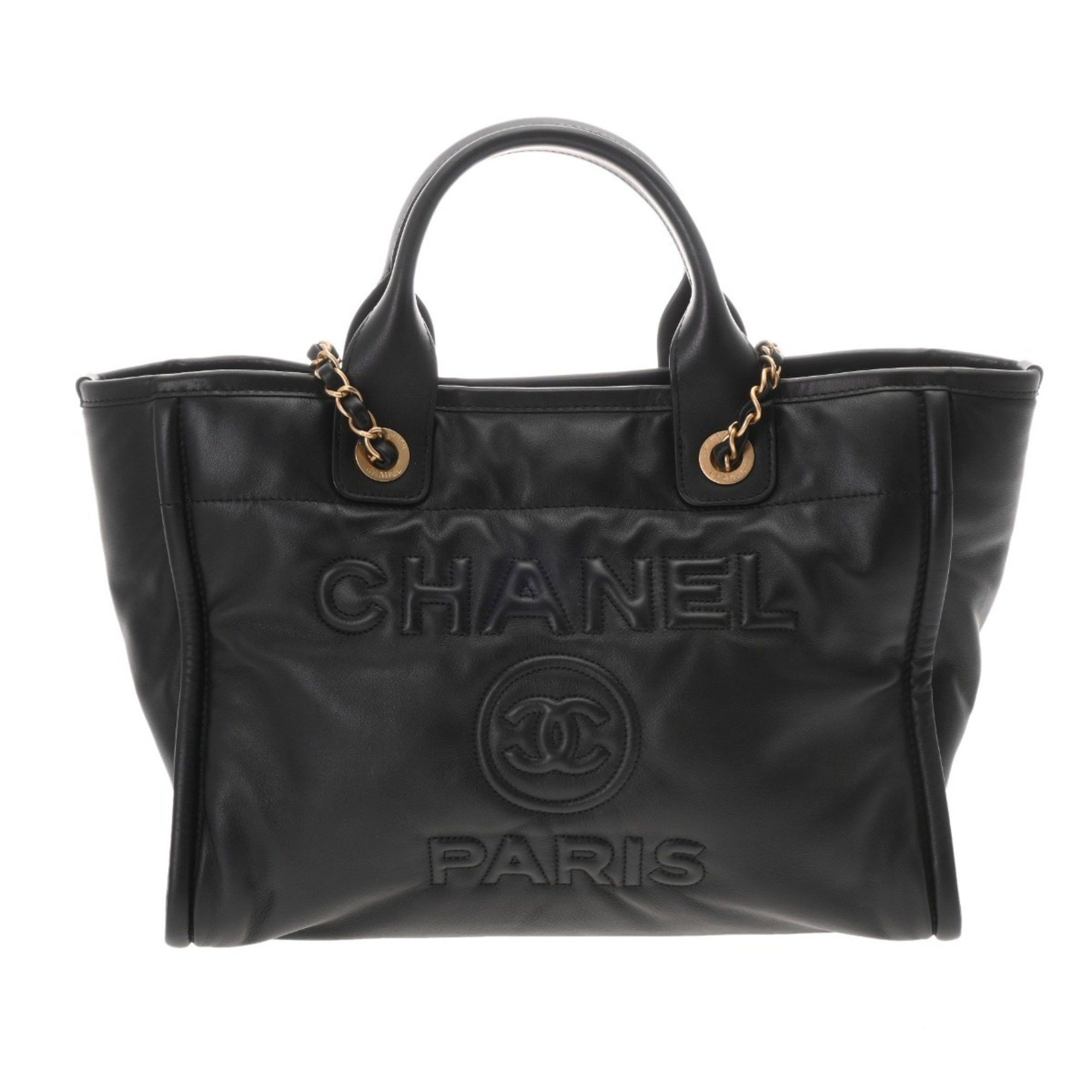 Chanel Deauville Tote Bag Black As3257 Women's Lambskin Shoulder Like New