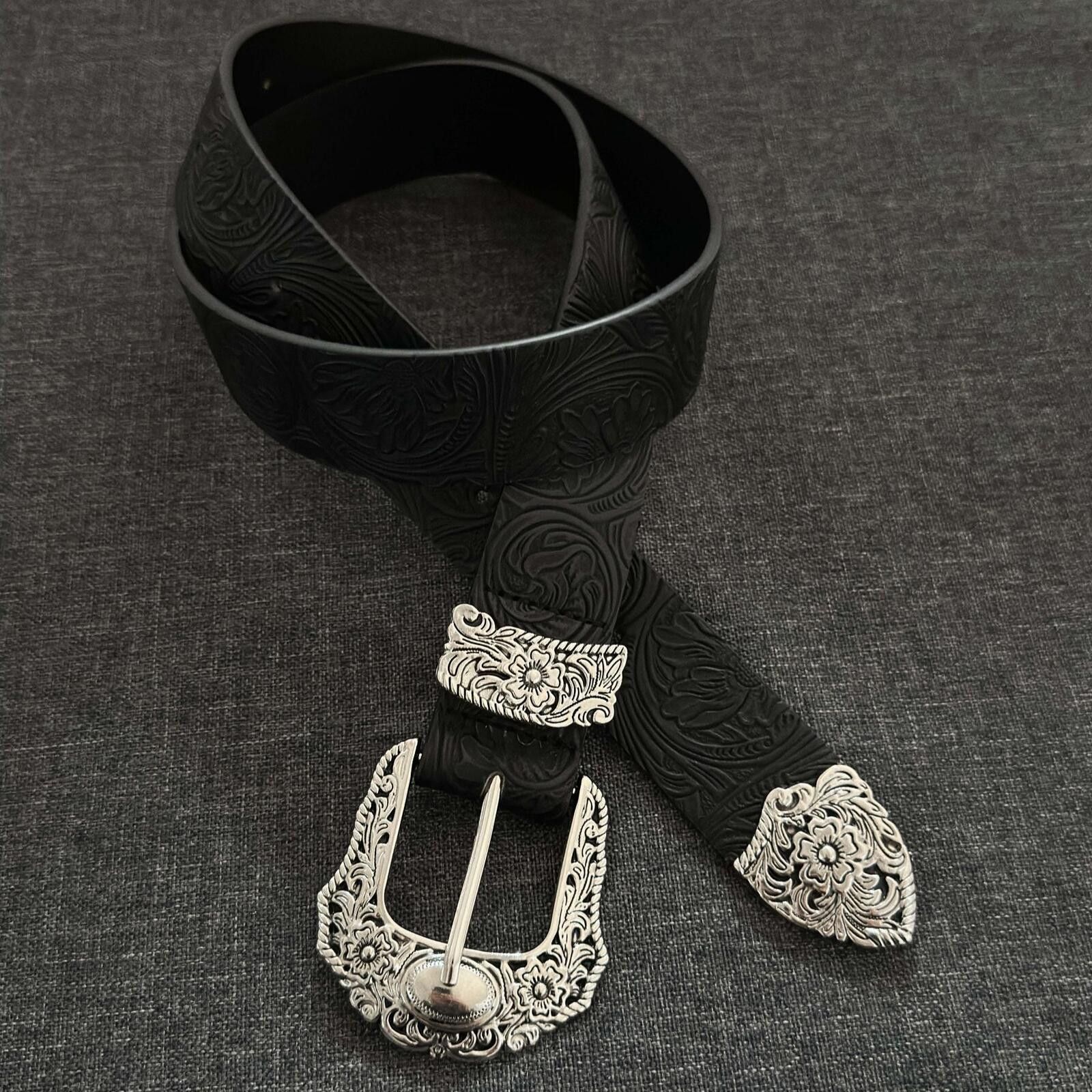 Leather Engraved Floral Buckle Belt | Dark Vintage Black Street Size ONE SIZE - 1 Thumbnail