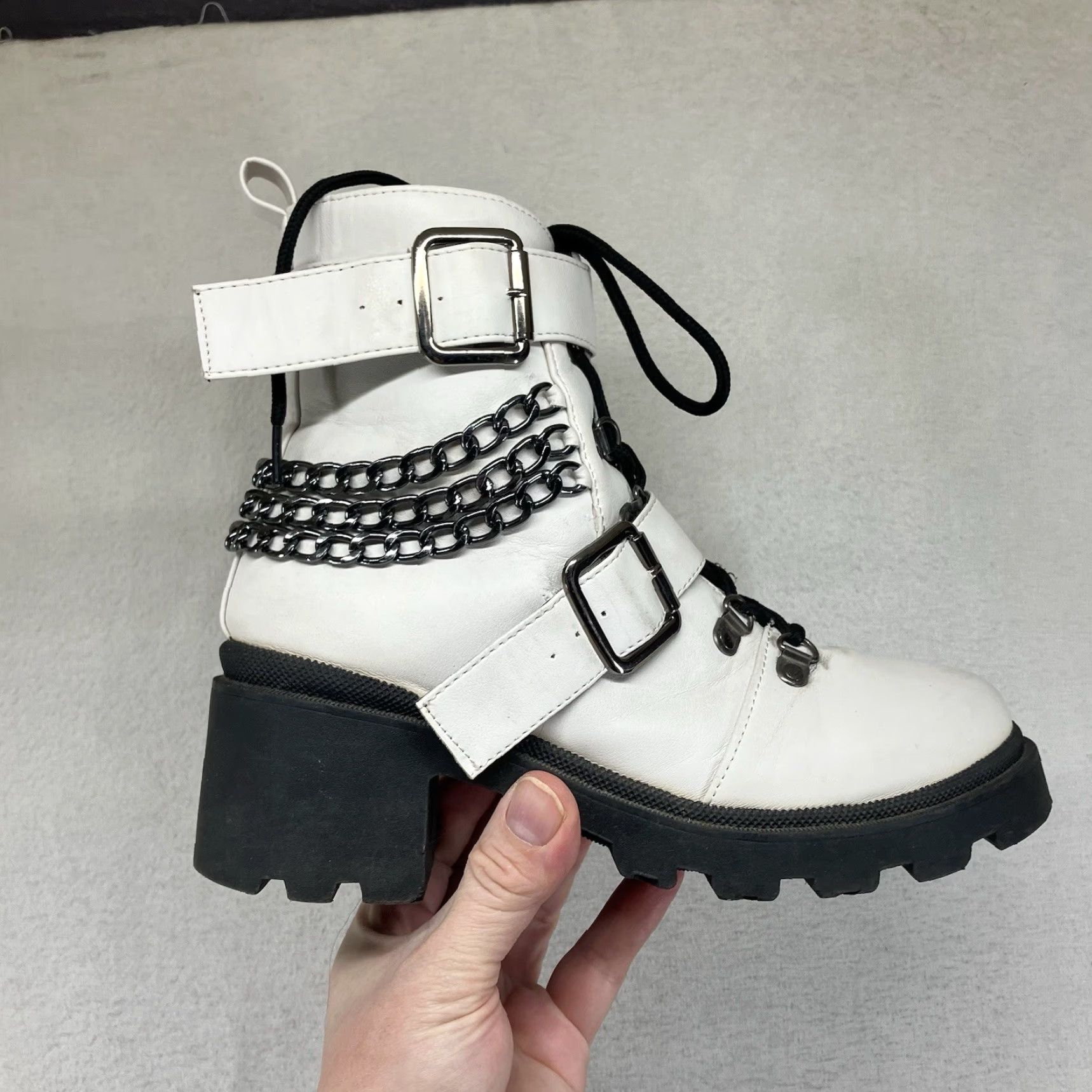 Sugar SUGAR Combat Boot White Ankle Size 7.5 Block Heel Punk Chains Buckles Womens Size US 7.5 / IT 37.5 - 3 Thumbnail