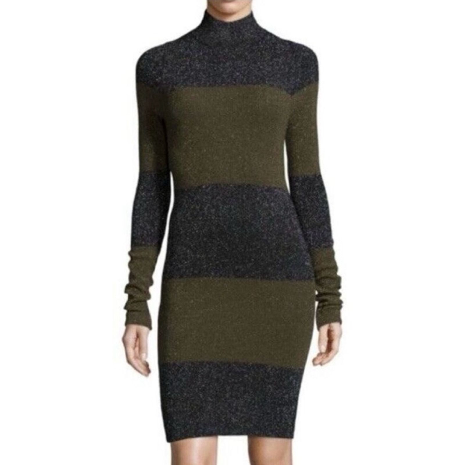 A.L.C. A.L.C. • Green/Black Striped Metallic Long Sleeve Mini Dress Size L / US 10 / IT 46 - 1 Thumbnail