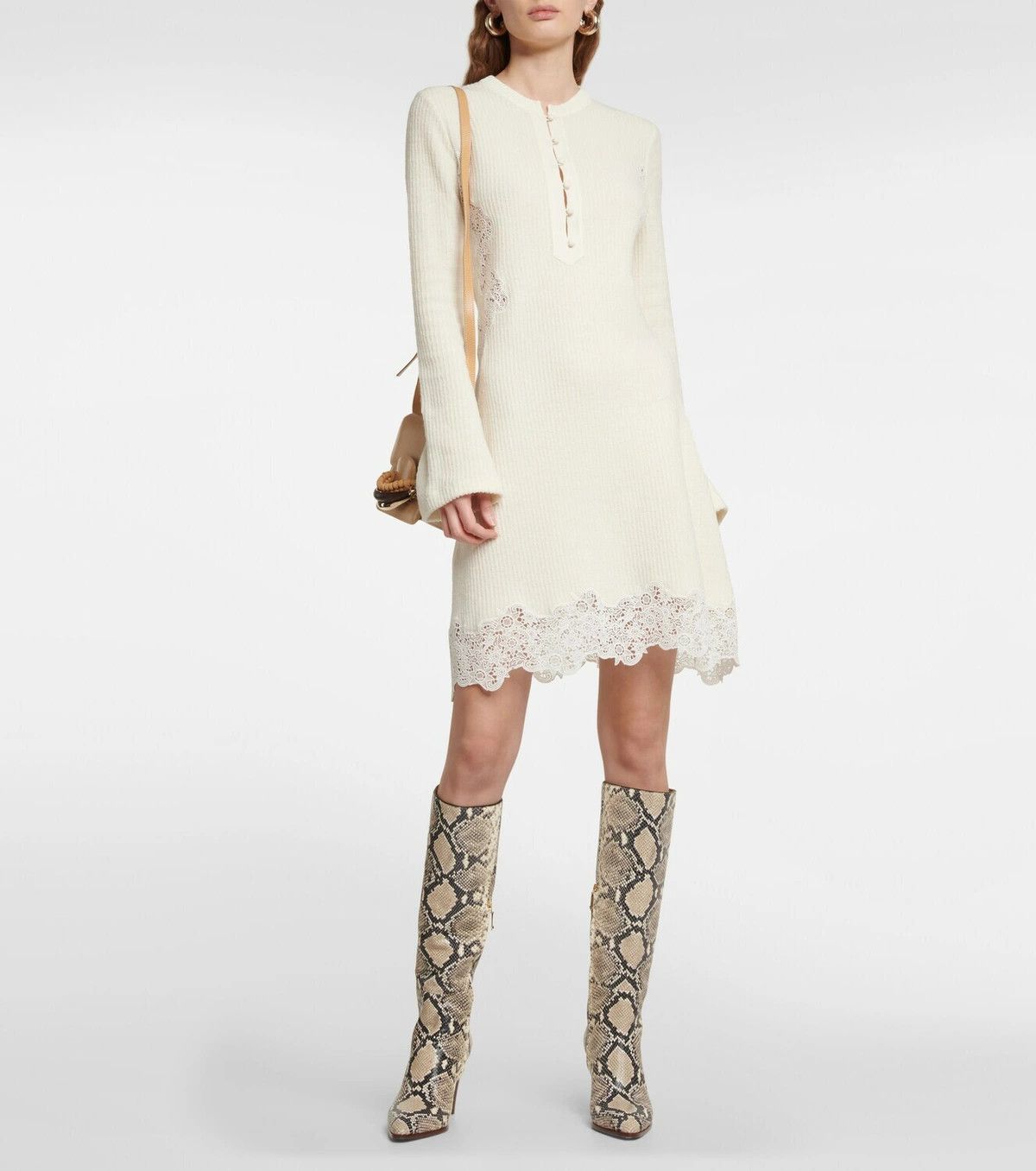 Chloe o1loc1c0625 Ribbed Knit Wool Mini Dress in Eden White Size S / US 4 / IT 40 - 2 Thumbnail