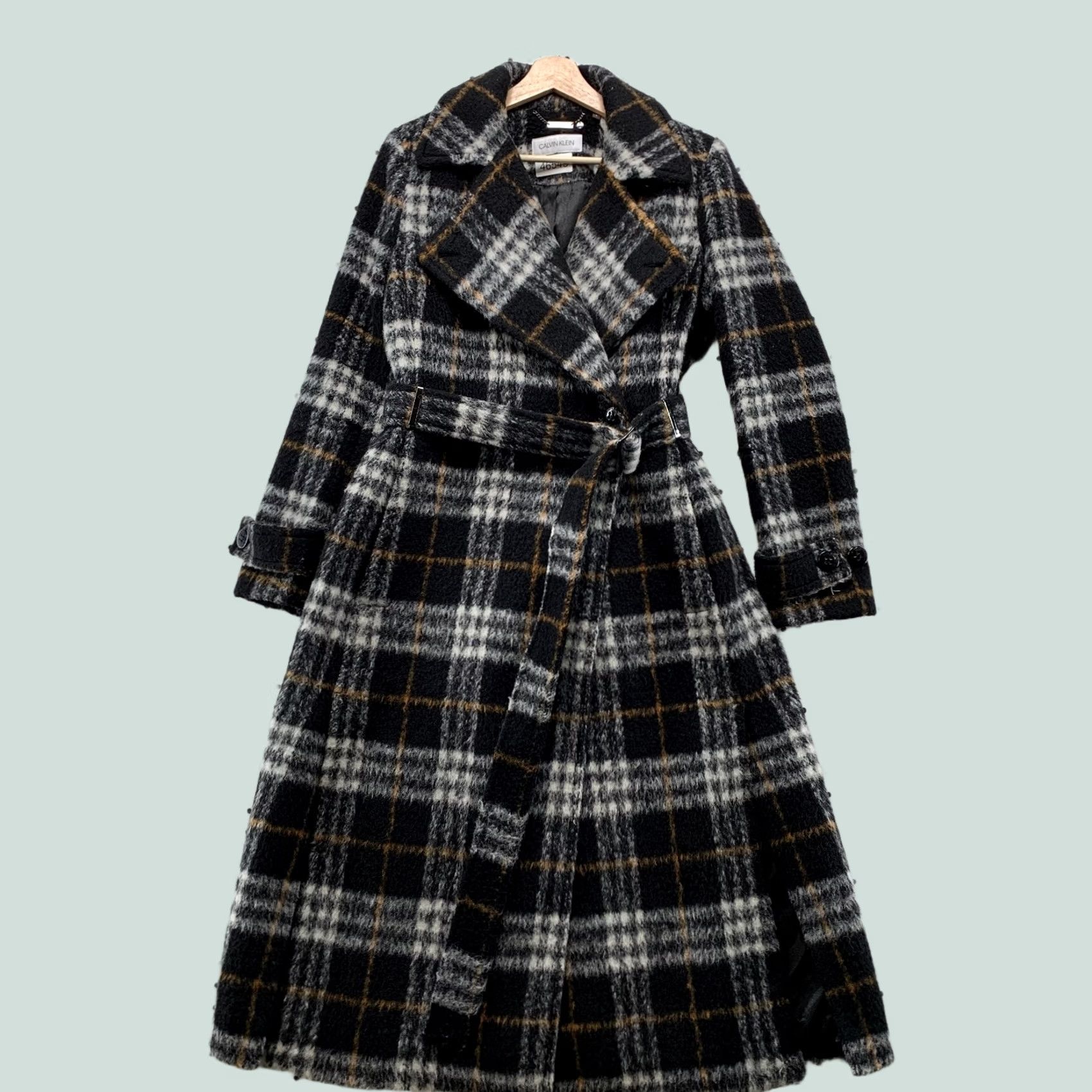 Calvin Klein Calvin Klein Wool Overcoat Womens Size 4 Black Plaid Belted Long Fuzzy Cozy Y2K Size S / US 4 / IT 40 - 1 Thumbnail