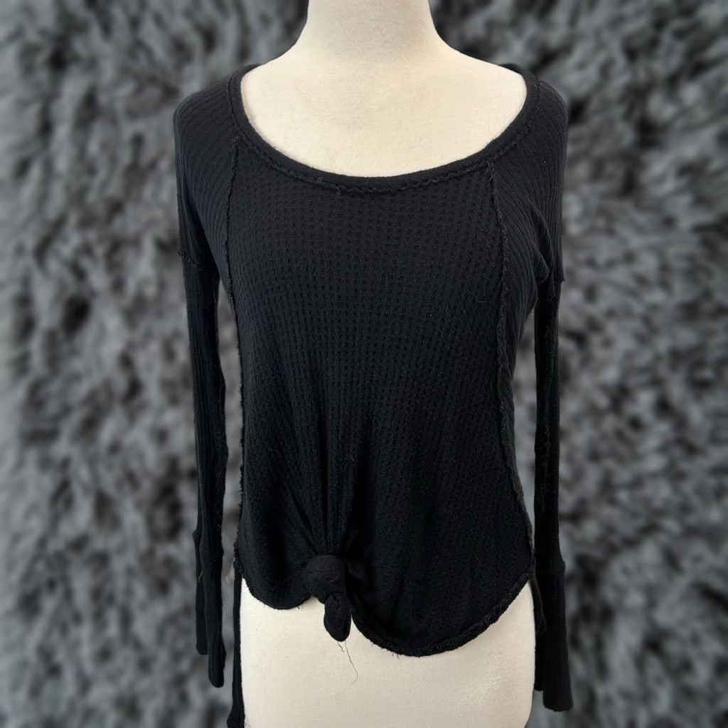 Free People Free People Shirt Women XS Black Thermal Tunic Top Tie Front Witchy Goth Raw Edge Size XS / US 0-2 / IT 36-38 - 1 Thumbnail