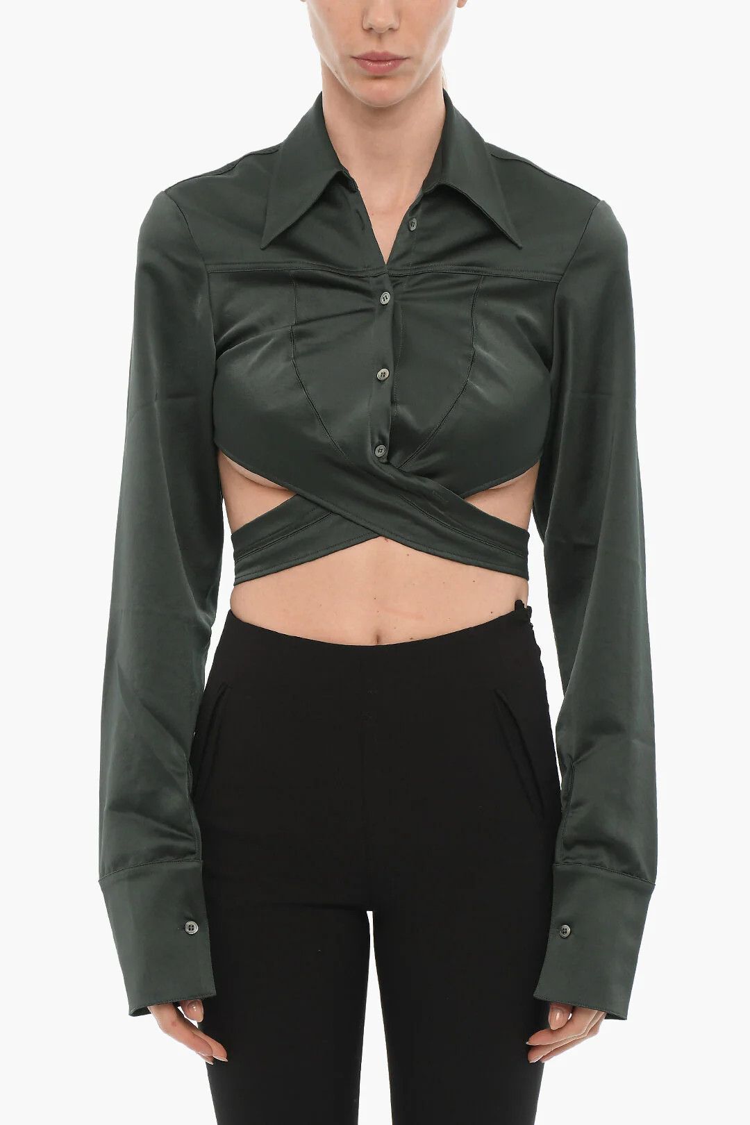 Ambush Design og1mm0426 Satin Crop Shirt in Green Size XS / US 0-2 / IT 36-38 - 1 Thumbnail