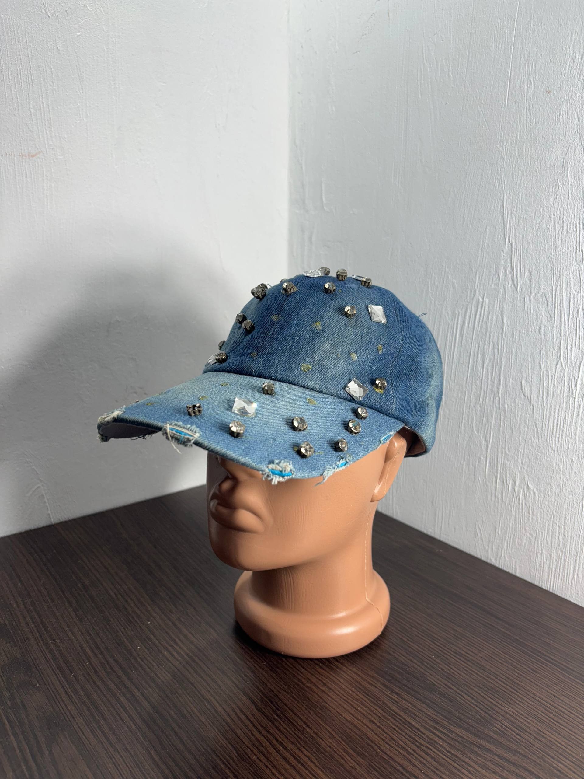 Japanese Brand VTG Rhinestone IfSixWasNine style Distressed Denim Cap Hat Size ONE SIZE - 1 Thumbnail