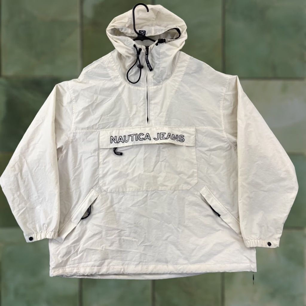 Nautica VINTAGE Nautica Jacket Mens XL Windbreaker Hooded Zip Pockets White 90s Nature Nautical Outdoor Retro School 54 in Chest Mens Size US XL / EU 56 / 4 - 1 Thumbnail
