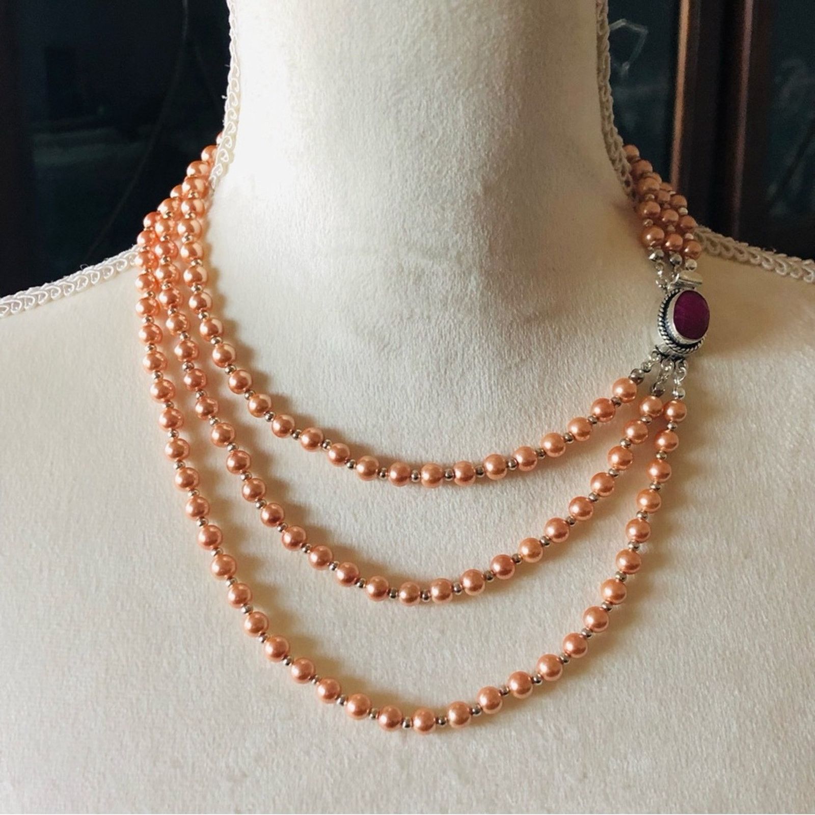 Handmade Handcrafted triple strand Czech Pearl genuine ruby neckla Size ONE SIZE - 9 Thumbnail