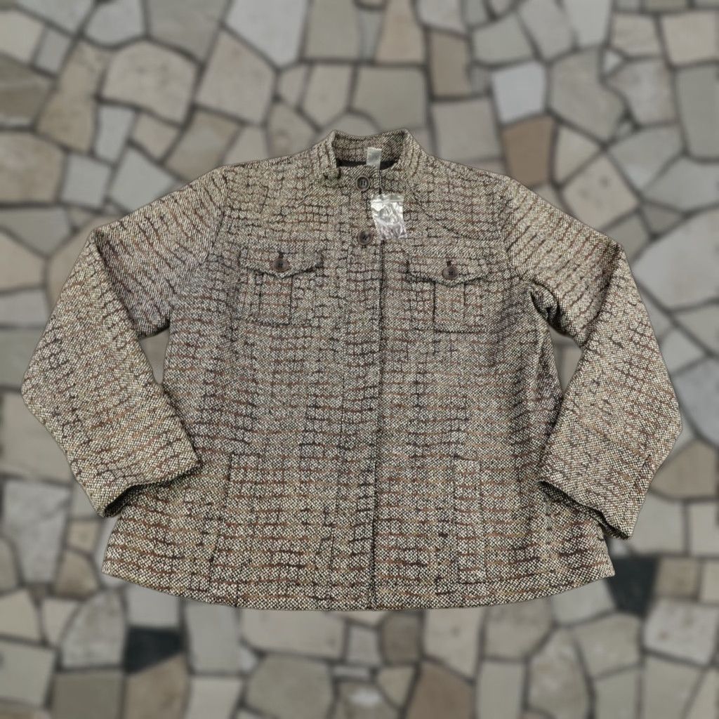 Chicos Jacket Women XL 2 Brown Plaid Tapestry Coat Button Zip Up Wool Blend NEW