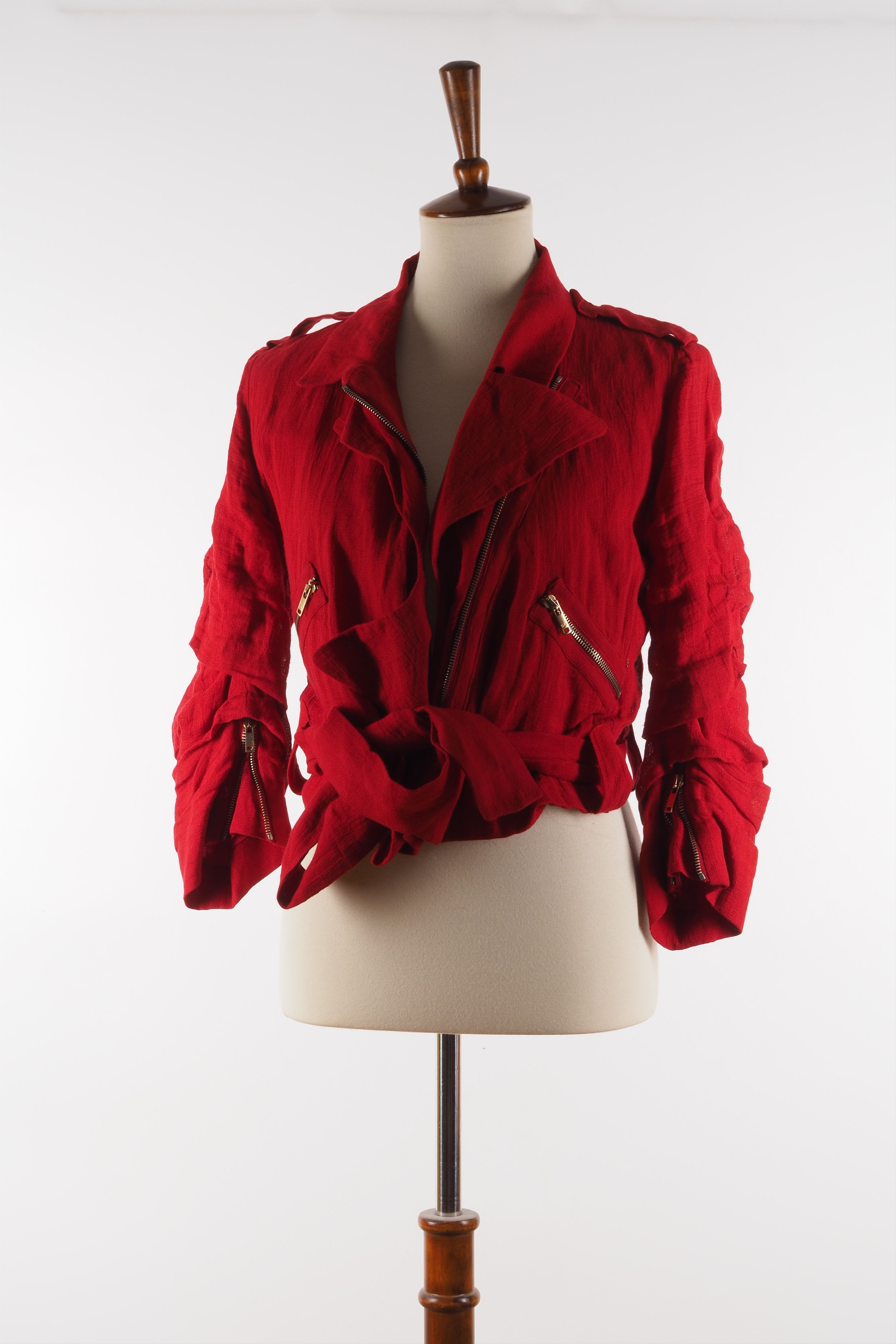 Sonia Rykiel Sonia Rykiel Vintage Red Cropped Draped Linen Moto Jacket Size S / US 4 / IT 40 - 6 Thumbnail