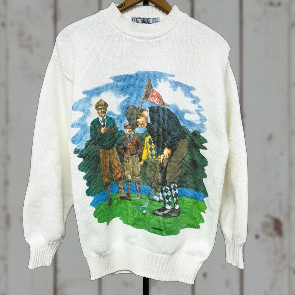 VINTAGE Knightsbridge Golf Sweater St. Andrew’s Old Course Graphic Cotton Knit