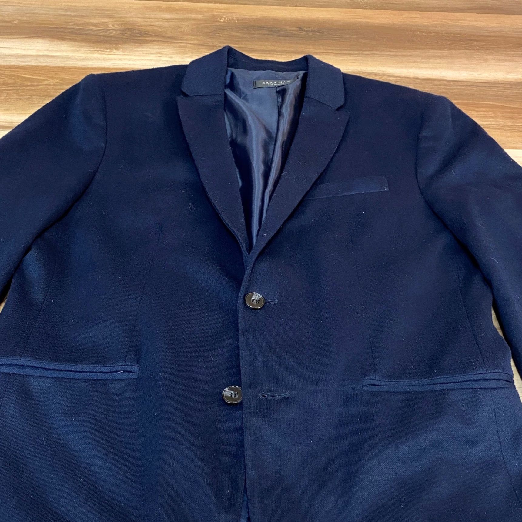 Zara Zara Blazer Men Navy Blue 2 Button Slim Fit Wool Notch Lapel Two-Button Jacket Coat Regular 40 Size 40R - 4 Thumbnail
