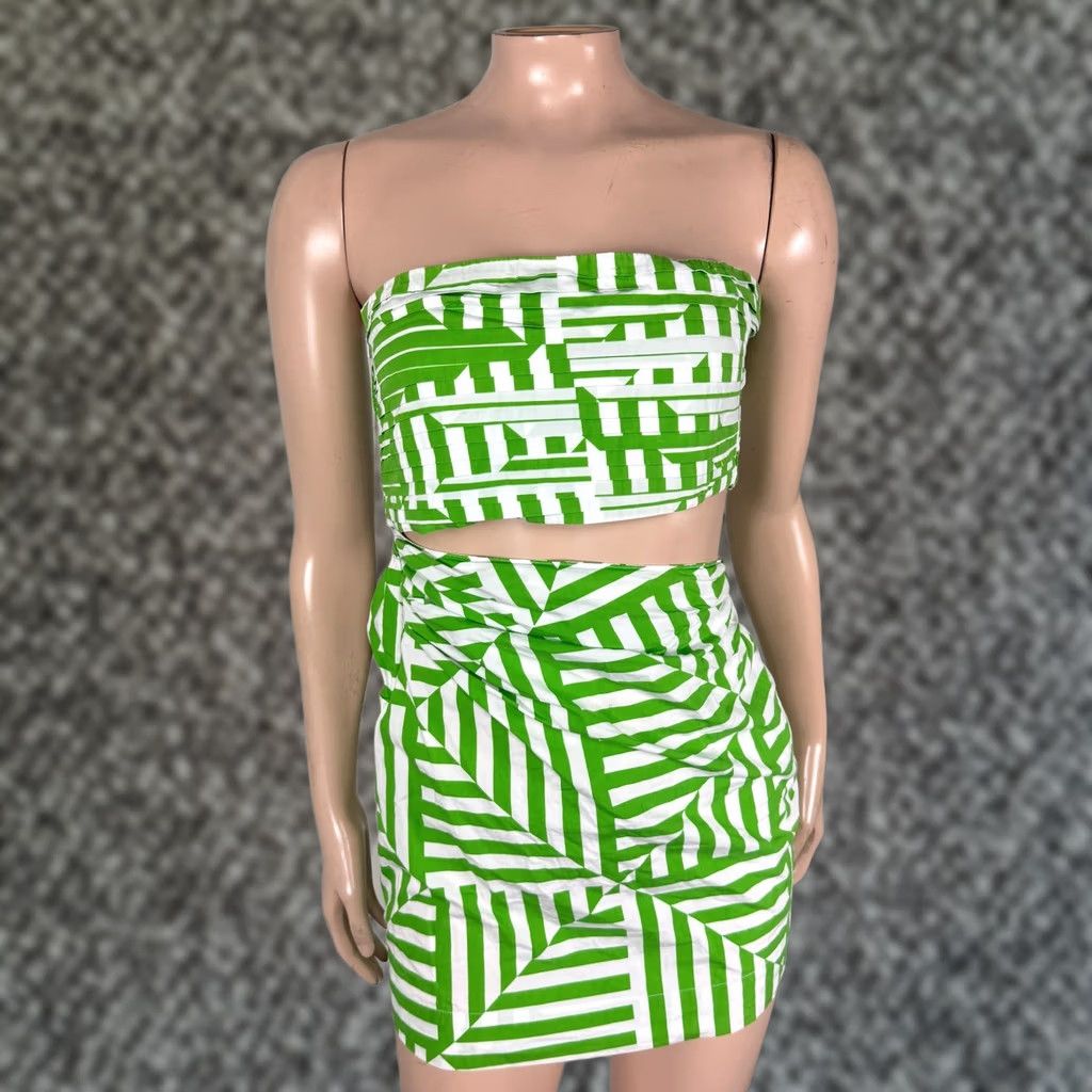 swf green dress Vintage Women's XS Cut out Strapless Asymmetrical Cotton Geometric Mini Sleeveless Knit Mini XS Women Casual Summer 21st Century Geometric style_Embroidered