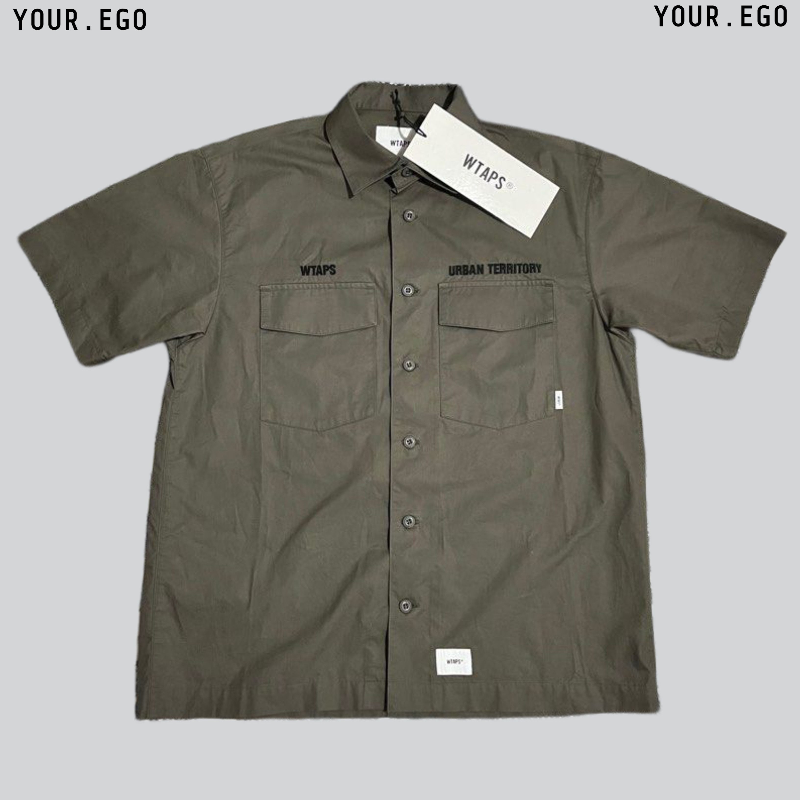 image of Wtaps Buds Short Sleeve Twill Cotton Shirt in Olive, Men's (Size Medium)